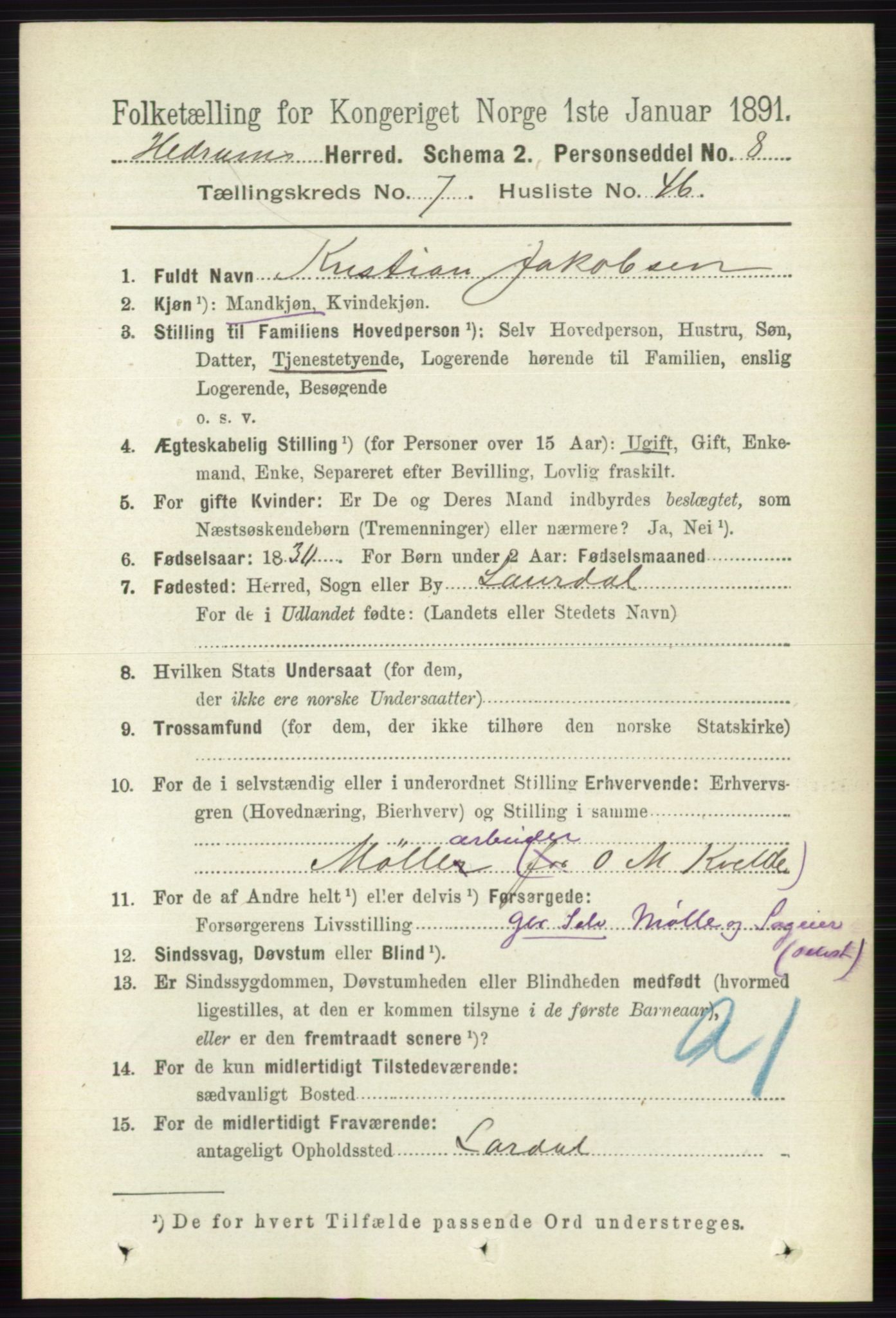 RA, 1891 census for 0727 Hedrum, 1891, p. 3292