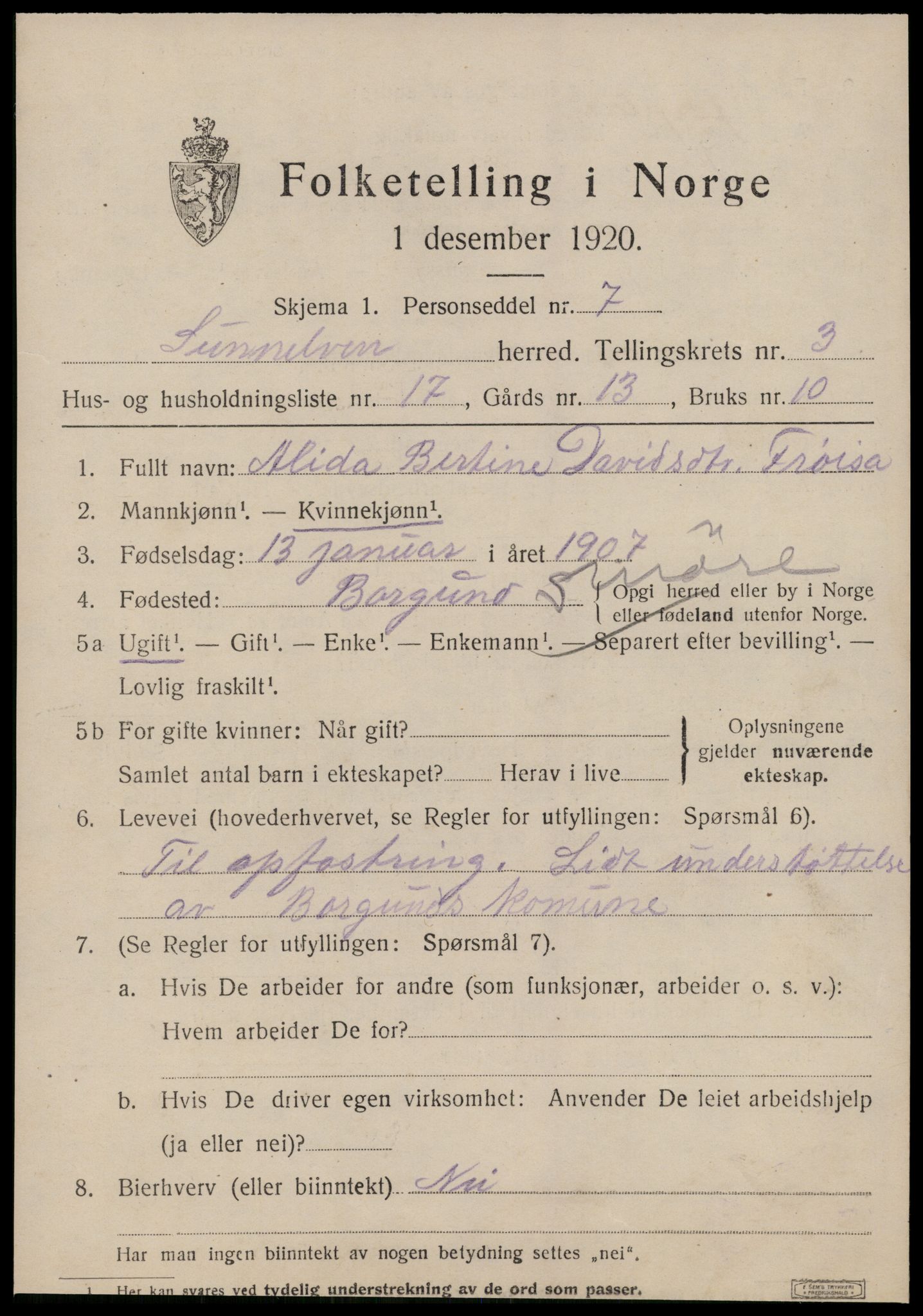 SAT, 1920 census for Sunnylven, 1920, p. 1890