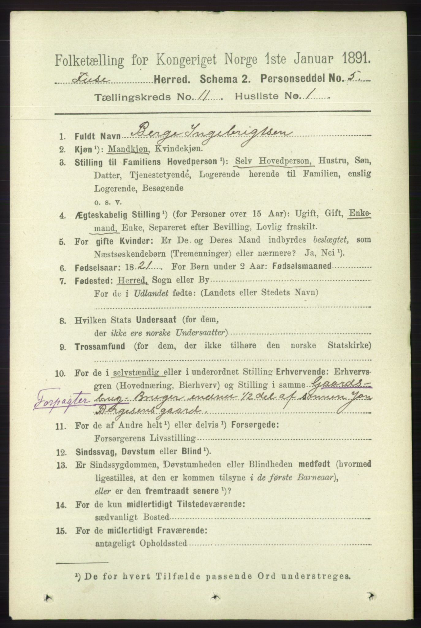 RA, 1891 census for 1241 Fusa, 1891, p. 2122