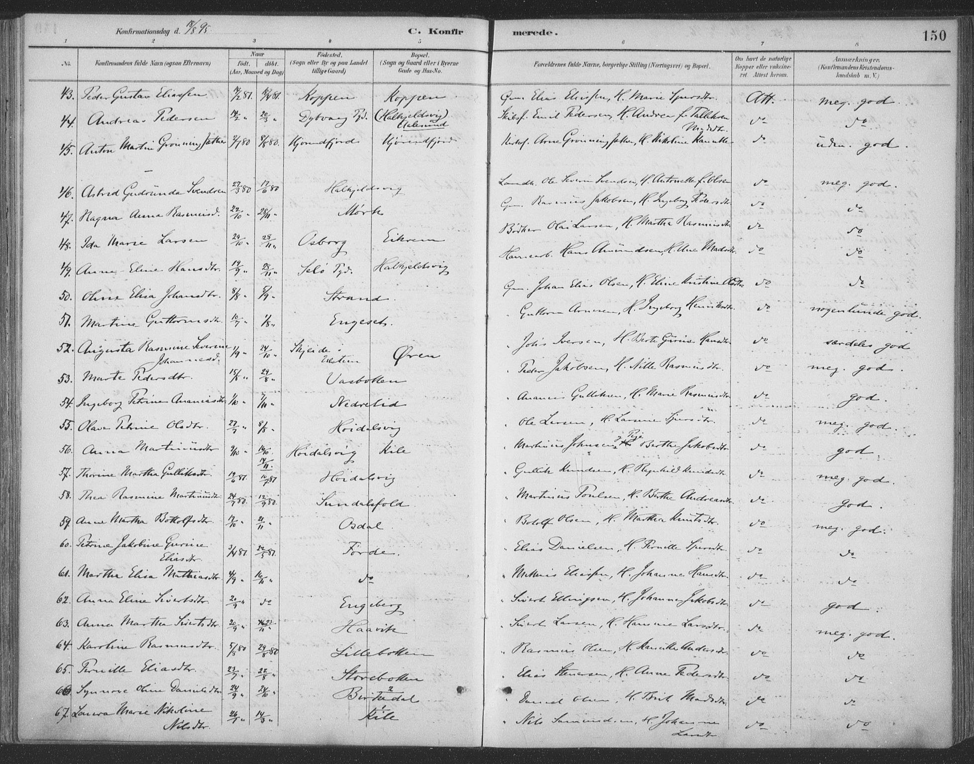 Ministerialprotokoller, klokkerbøker og fødselsregistre - Møre og Romsdal, AV/SAT-A-1454/511/L0142: Parish register (official) no. 511A09, 1891-1905, p. 150