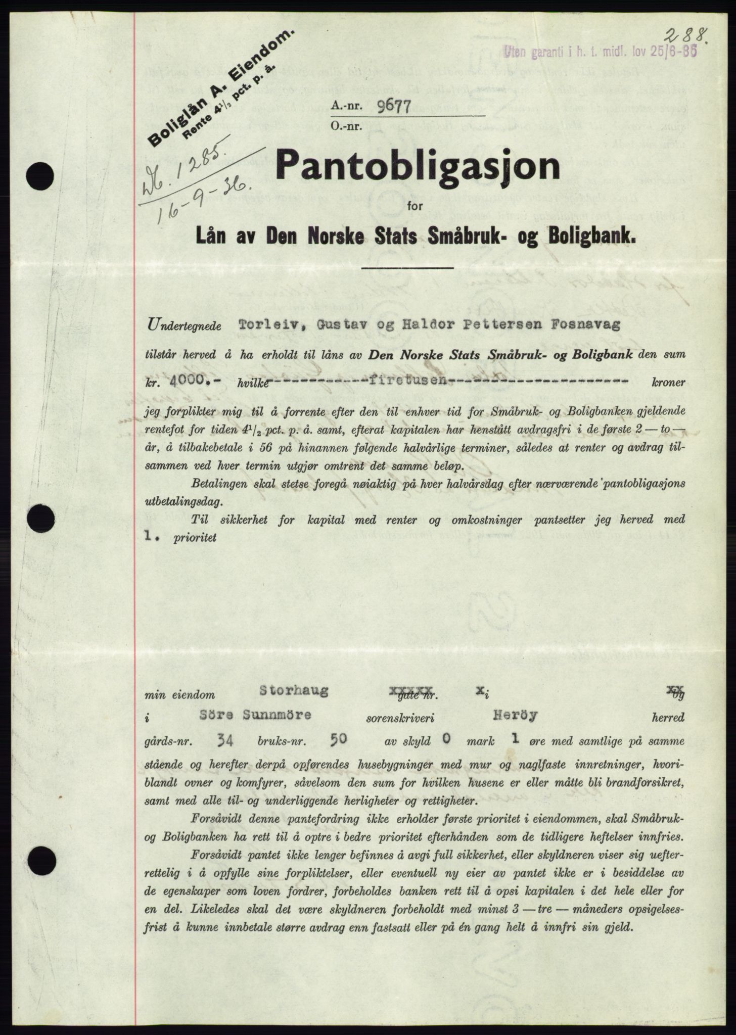 Søre Sunnmøre sorenskriveri, AV/SAT-A-4122/1/2/2C/L0061: Mortgage book no. 55, 1936-1936, Diary no: : 1285/1936