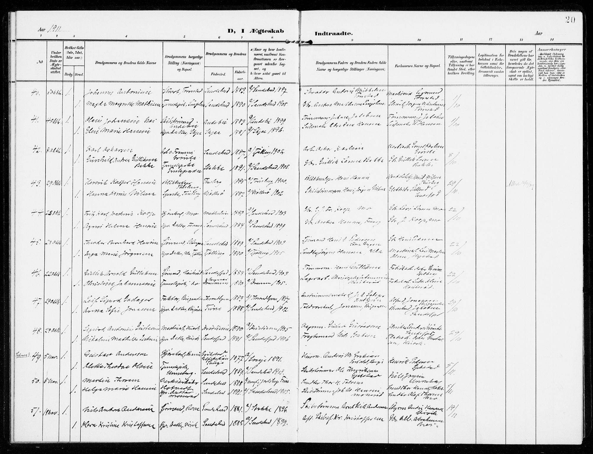 Sandar kirkebøker, AV/SAKO-A-243/F/Fa/L0019: Parish register (official) no. 19, 1908-1914, p. 20