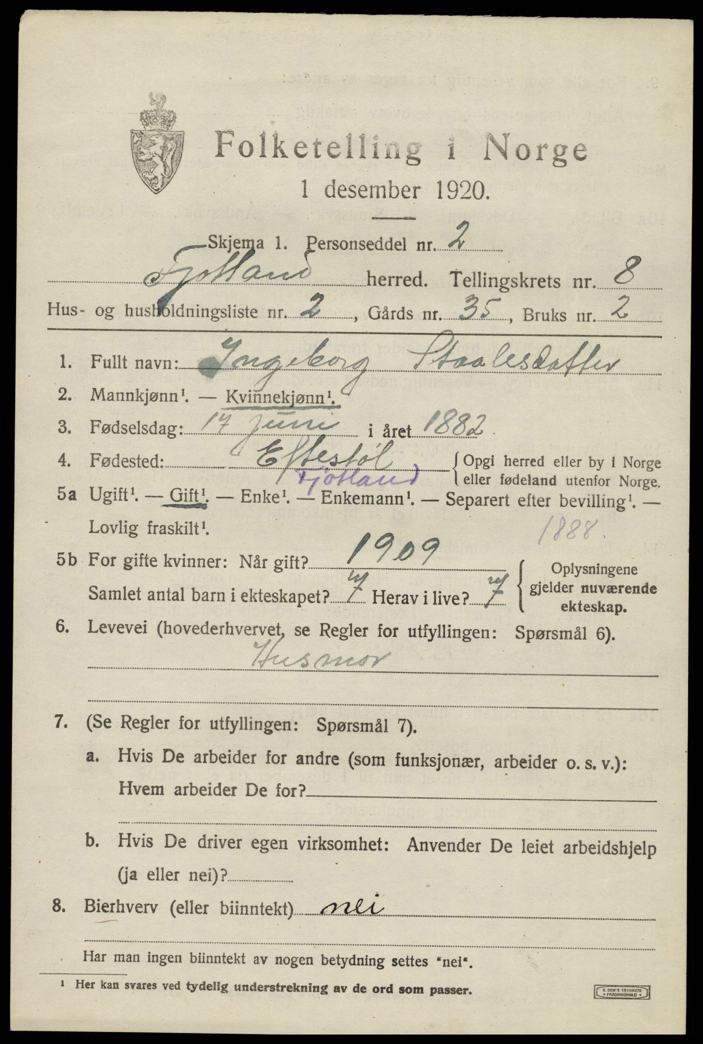 SAK, 1920 census for Fjotland, 1920, p. 2008