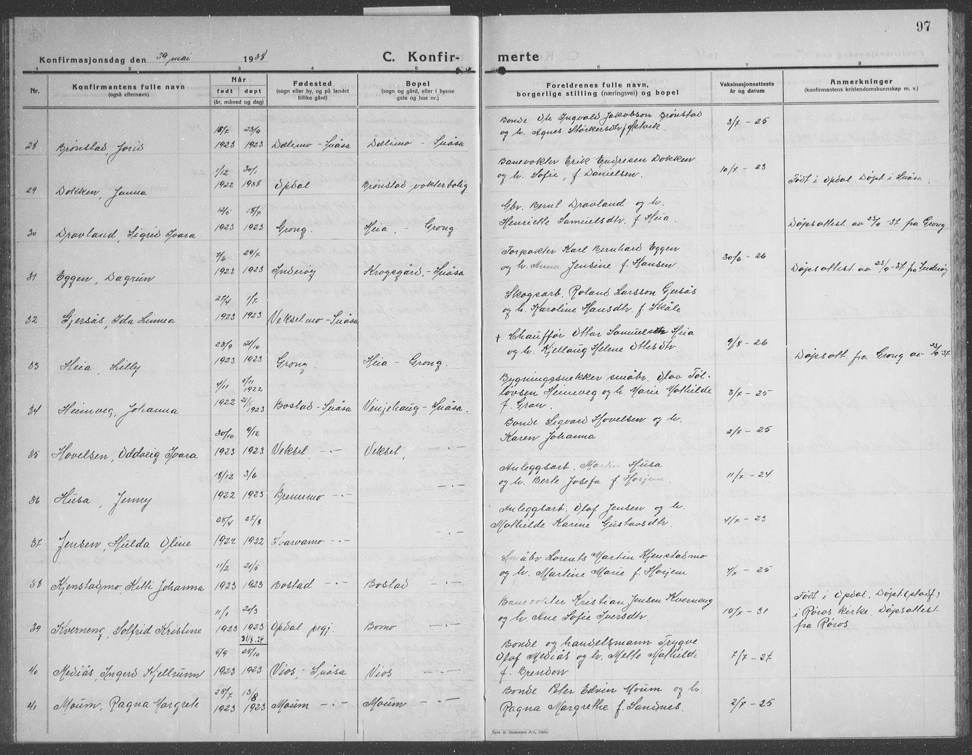 Ministerialprotokoller, klokkerbøker og fødselsregistre - Nord-Trøndelag, AV/SAT-A-1458/749/L0481: Parish register (copy) no. 749C03, 1933-1945, p. 97