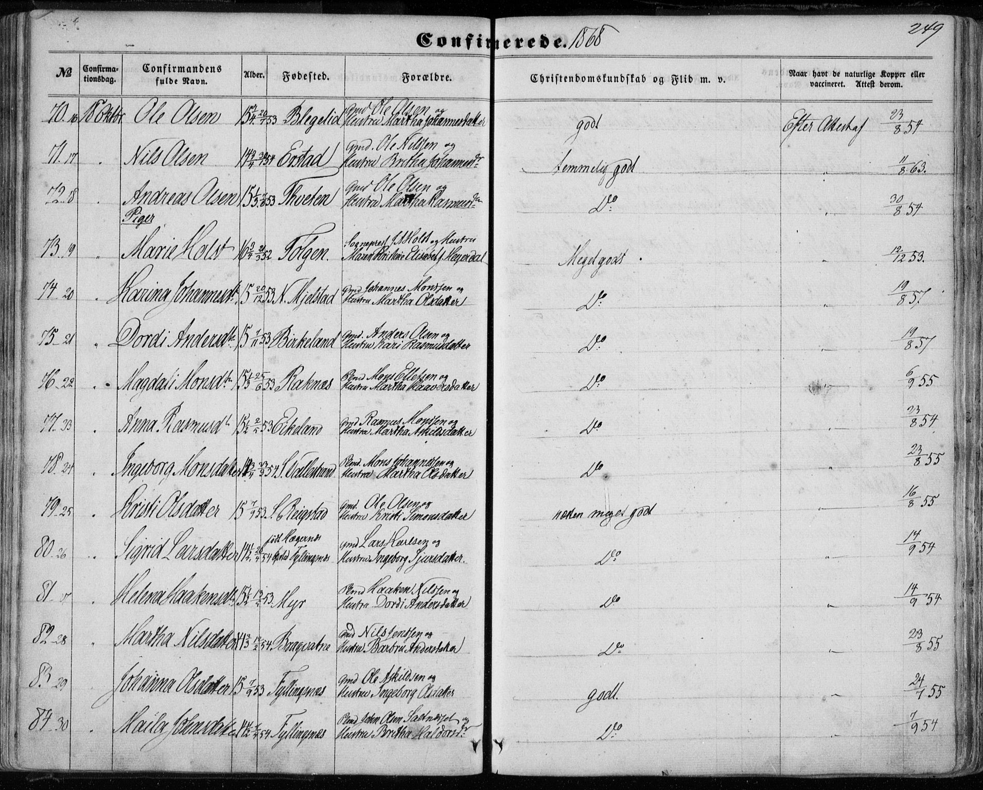 Hamre sokneprestembete, AV/SAB-A-75501/H/Ha/Haa/Haaa/L0014: Parish register (official) no. A 14, 1858-1872, p. 249