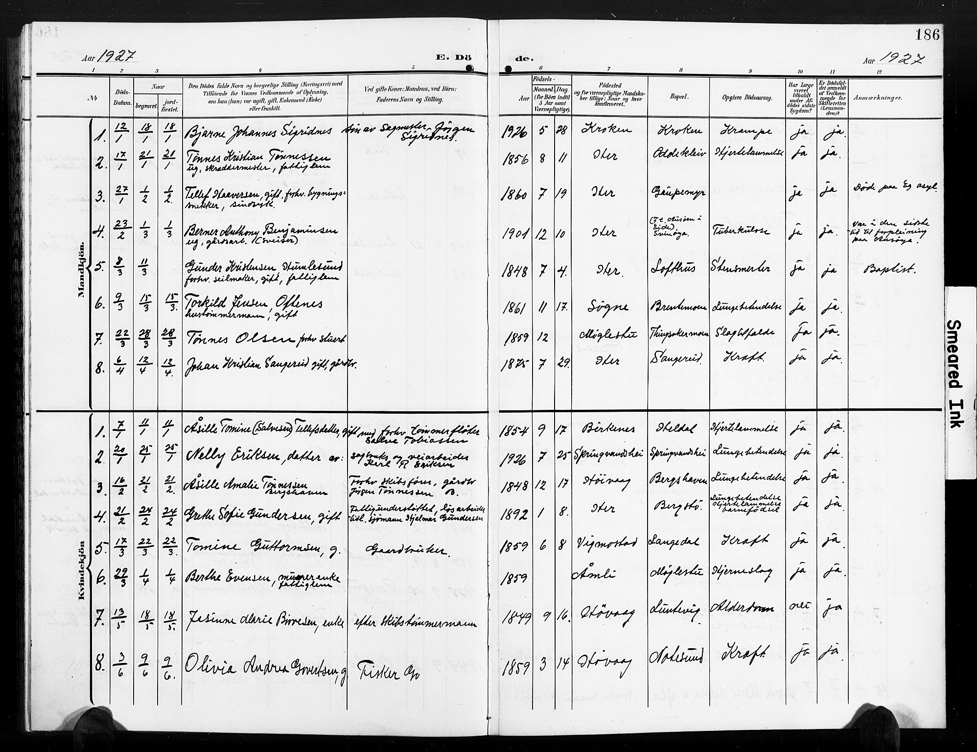 Vestre Moland sokneprestkontor, AV/SAK-1111-0046/F/Fb/Fbb/L0007: Parish register (copy) no. B 7, 1906-1929, p. 186