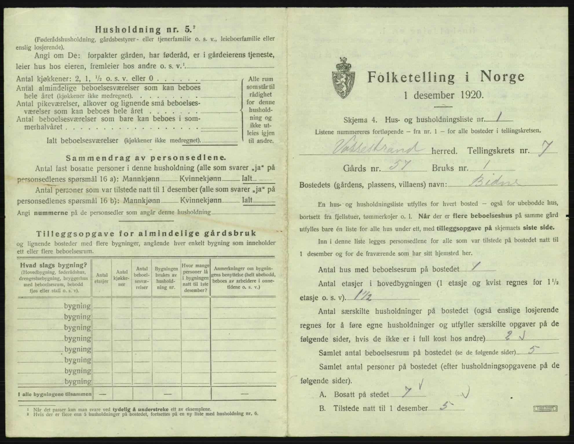 SAB, 1920 census for Vossestrand, 1920, p. 448