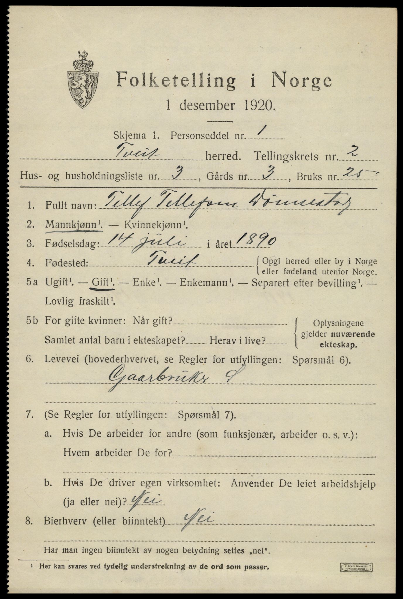 SAK, 1920 census for Tveit, 1920, p. 1242