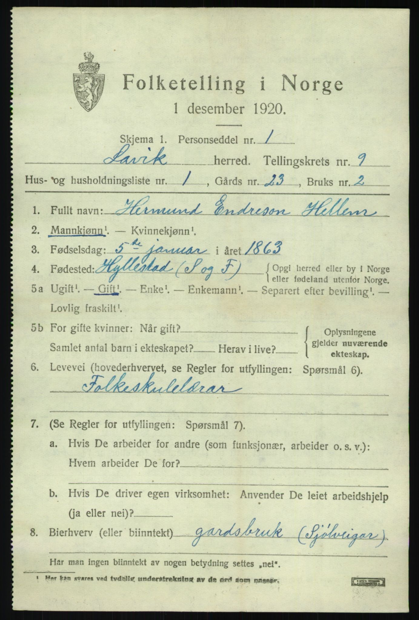 SAB, 1920 census for Lavik, 1920, p. 1906