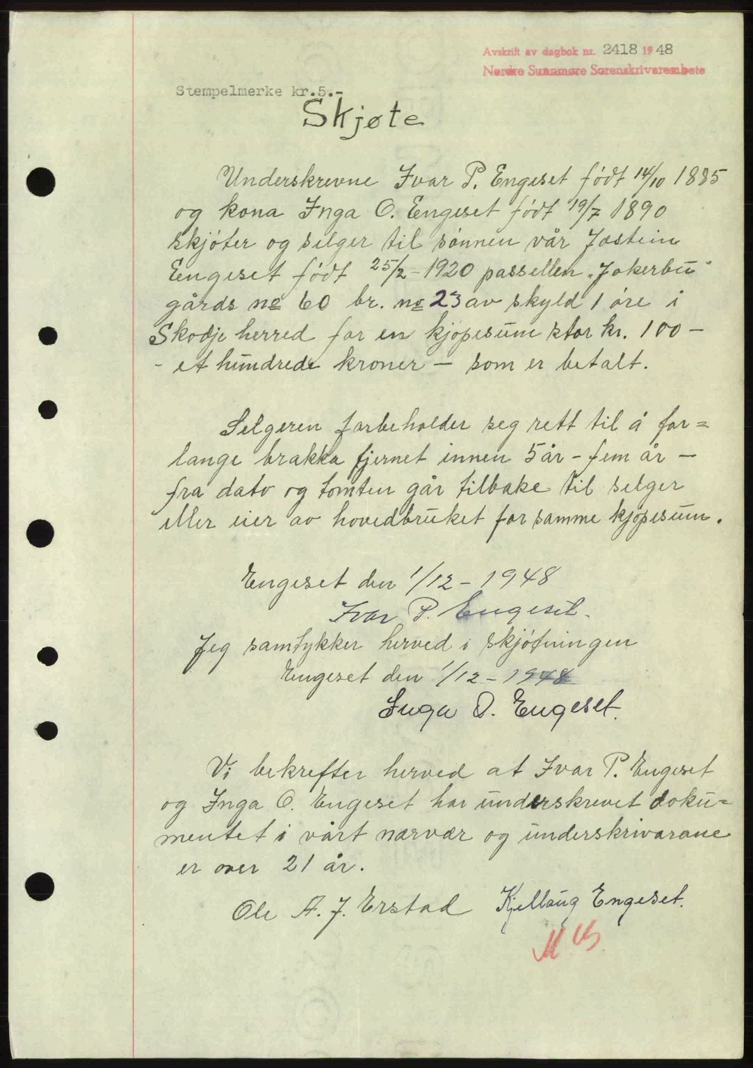 Nordre Sunnmøre sorenskriveri, AV/SAT-A-0006/1/2/2C/2Ca: Mortgage book no. A29, 1948-1949, Diary no: : 2418/1948