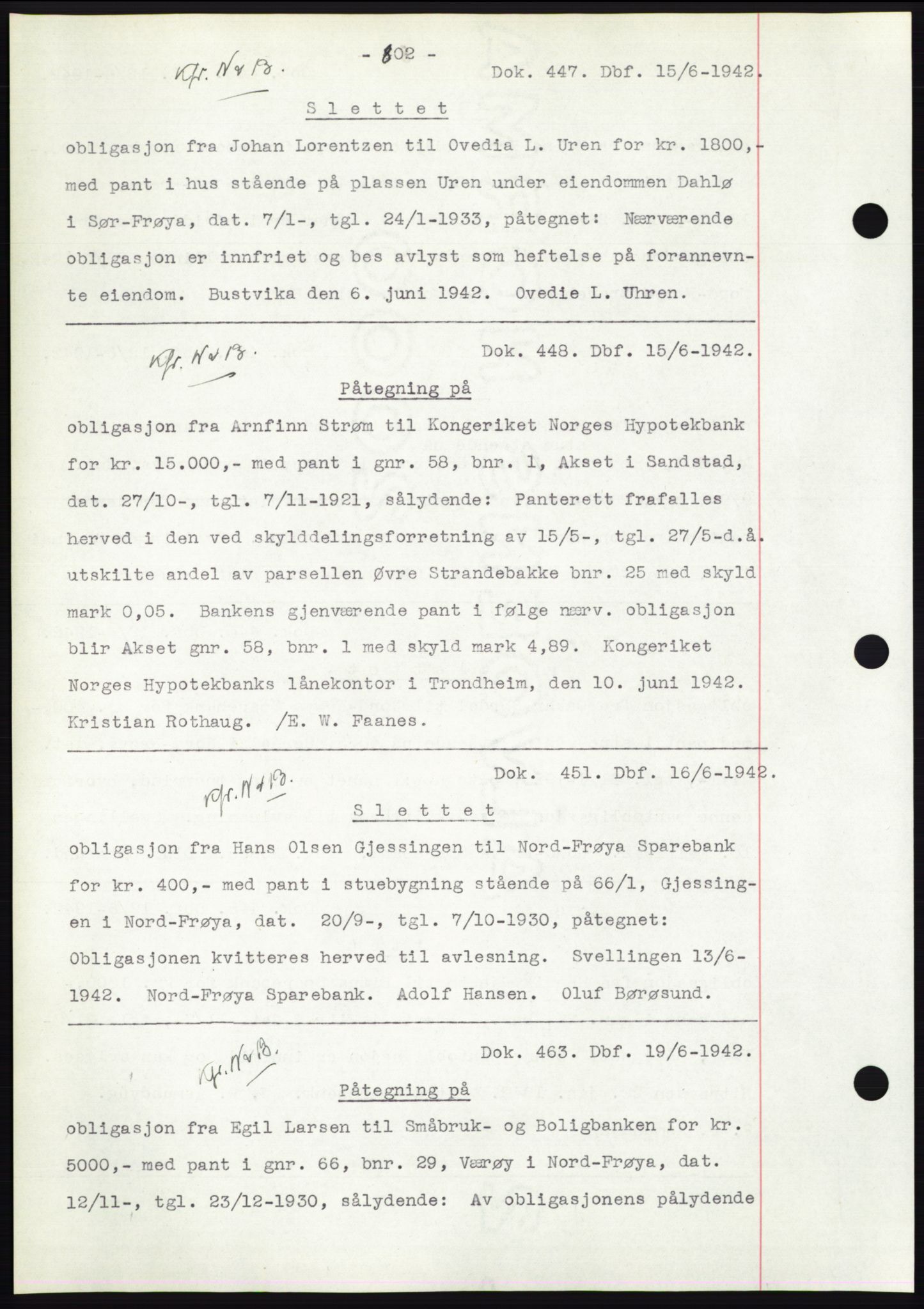 Hitra sorenskriveri, AV/SAT-A-0018/2/2C/2Ca: Mortgage book no. C1, 1936-1945, Diary no: : 447/1942