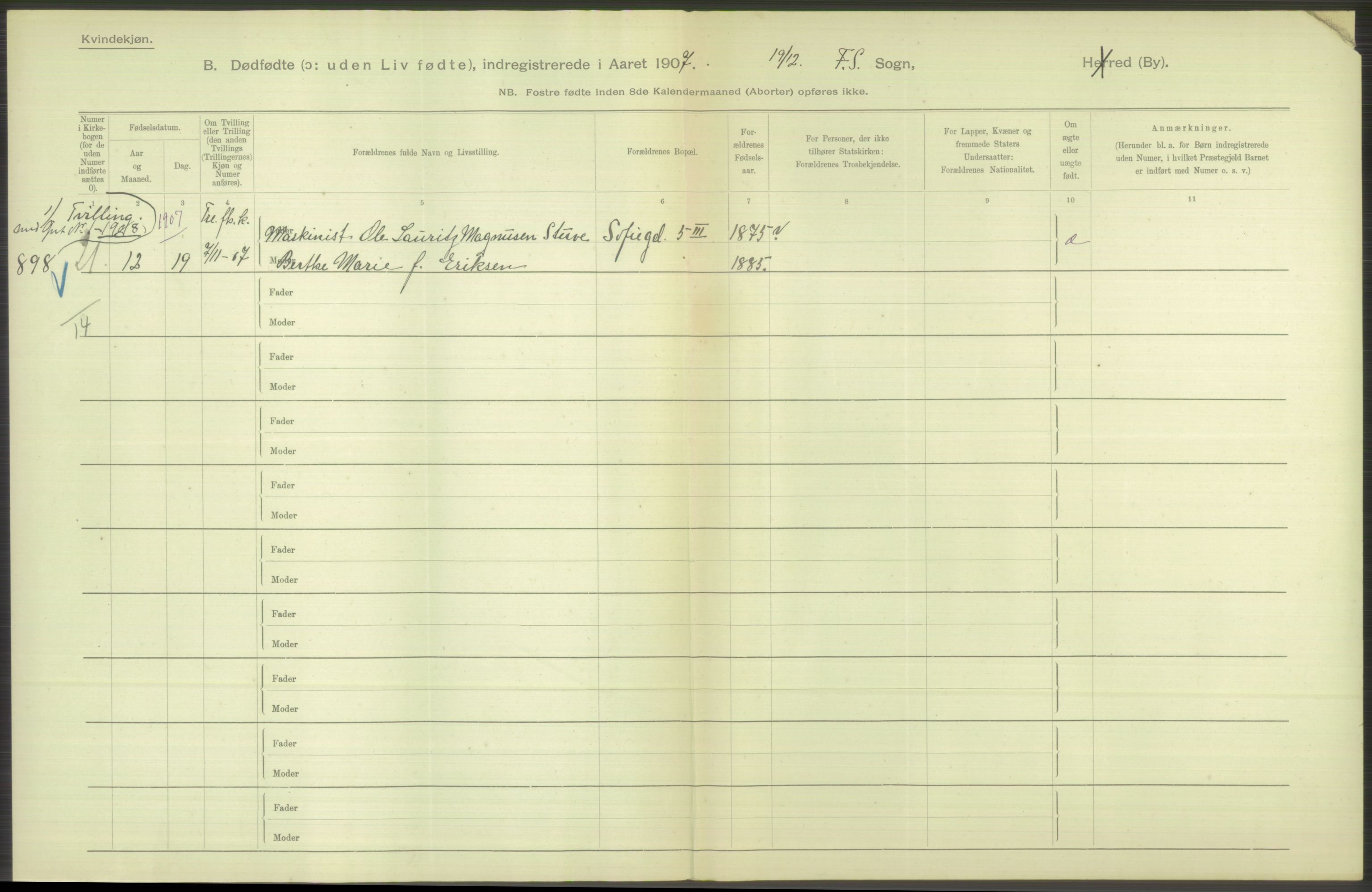 Statistisk sentralbyrå, Sosiodemografiske emner, Befolkning, AV/RA-S-2228/D/Df/Dfa/Dfae/L0010: Kristiania: Døde, dødfødte, 1907, p. 190