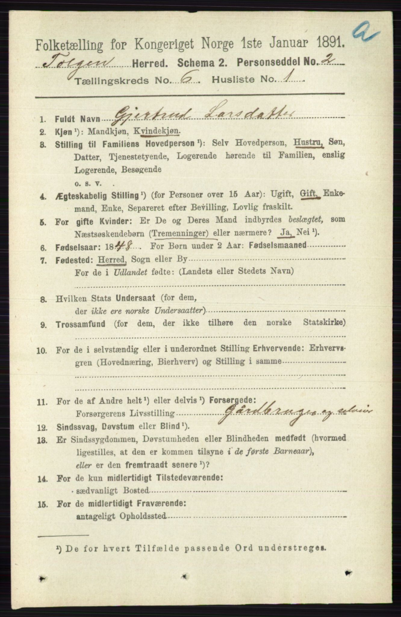 RA, 1891 census for 0436 Tolga, 1891, p. 1646