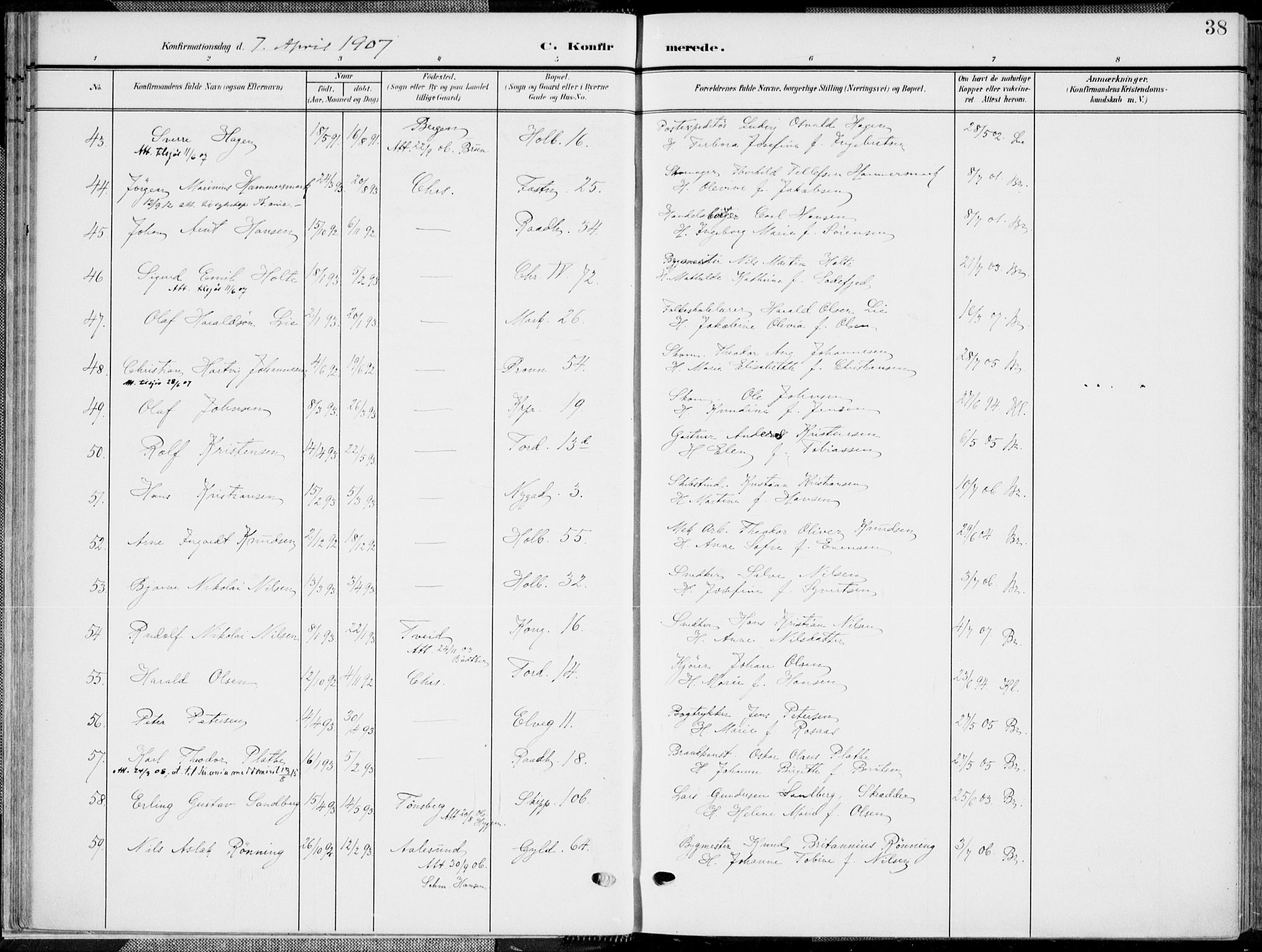 Kristiansand domprosti, SAK/1112-0006/F/Fa/L0022: Parish register (official) no. A 21, 1905-1916, p. 38