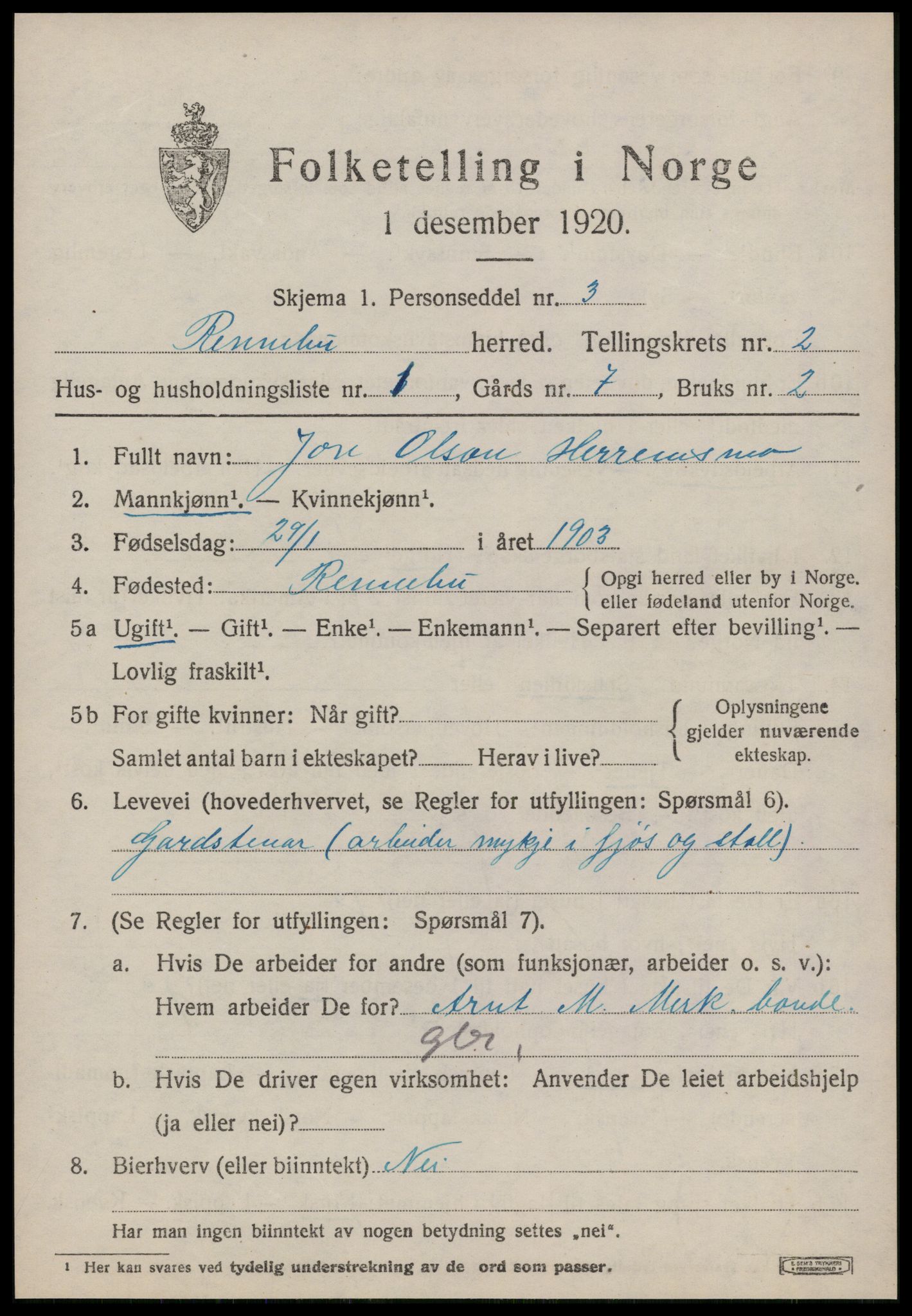 SAT, 1920 census for Rennebu, 1920, p. 1264