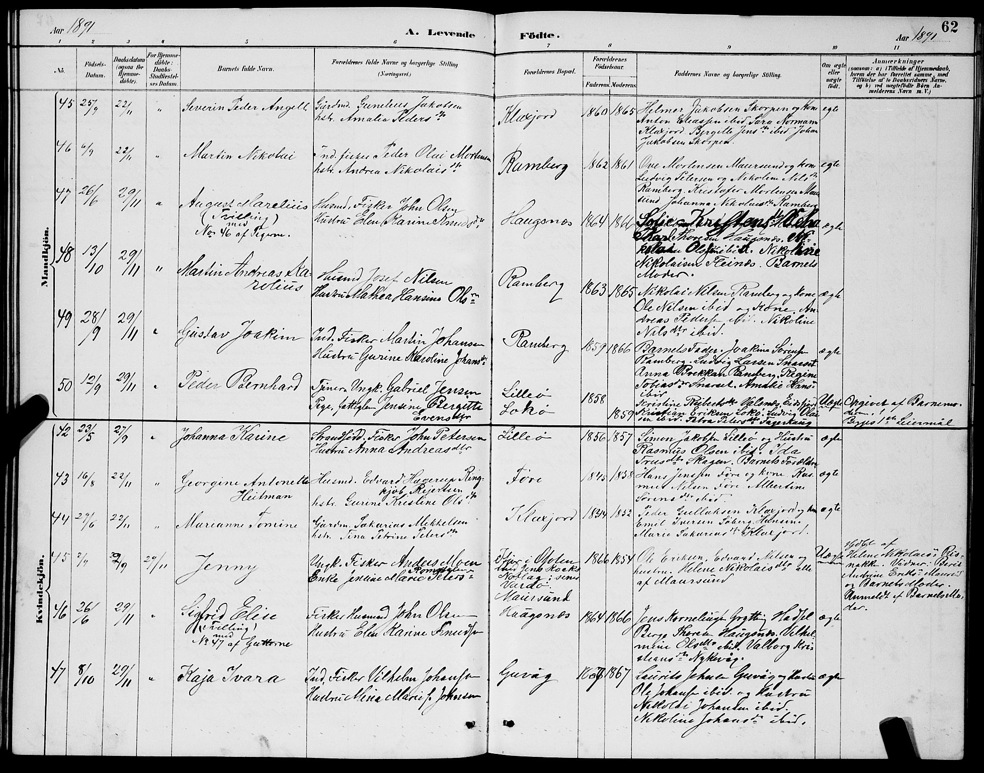 Ministerialprotokoller, klokkerbøker og fødselsregistre - Nordland, AV/SAT-A-1459/891/L1315: Parish register (copy) no. 891C04, 1886-1893, p. 62