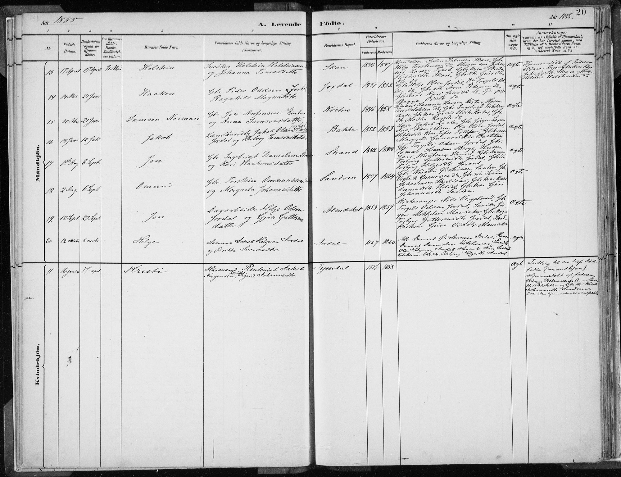 Odda Sokneprestembete, AV/SAB-A-77201/H/Haa: Parish register (official) no. A  3, 1882-1913, p. 20