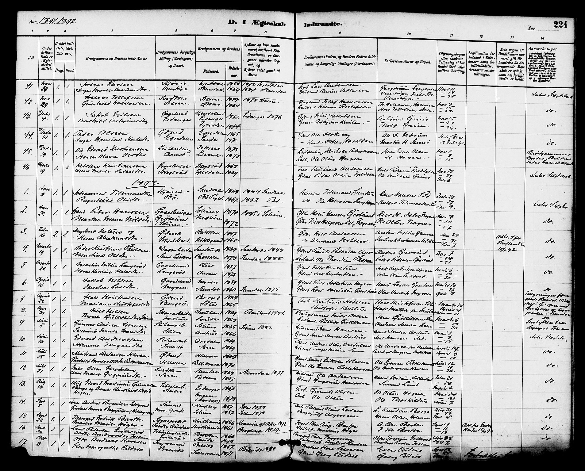 Gjerpen kirkebøker, SAKO/A-265/F/Fa/L0010: Parish register (official) no. I 10, 1886-1895, p. 224