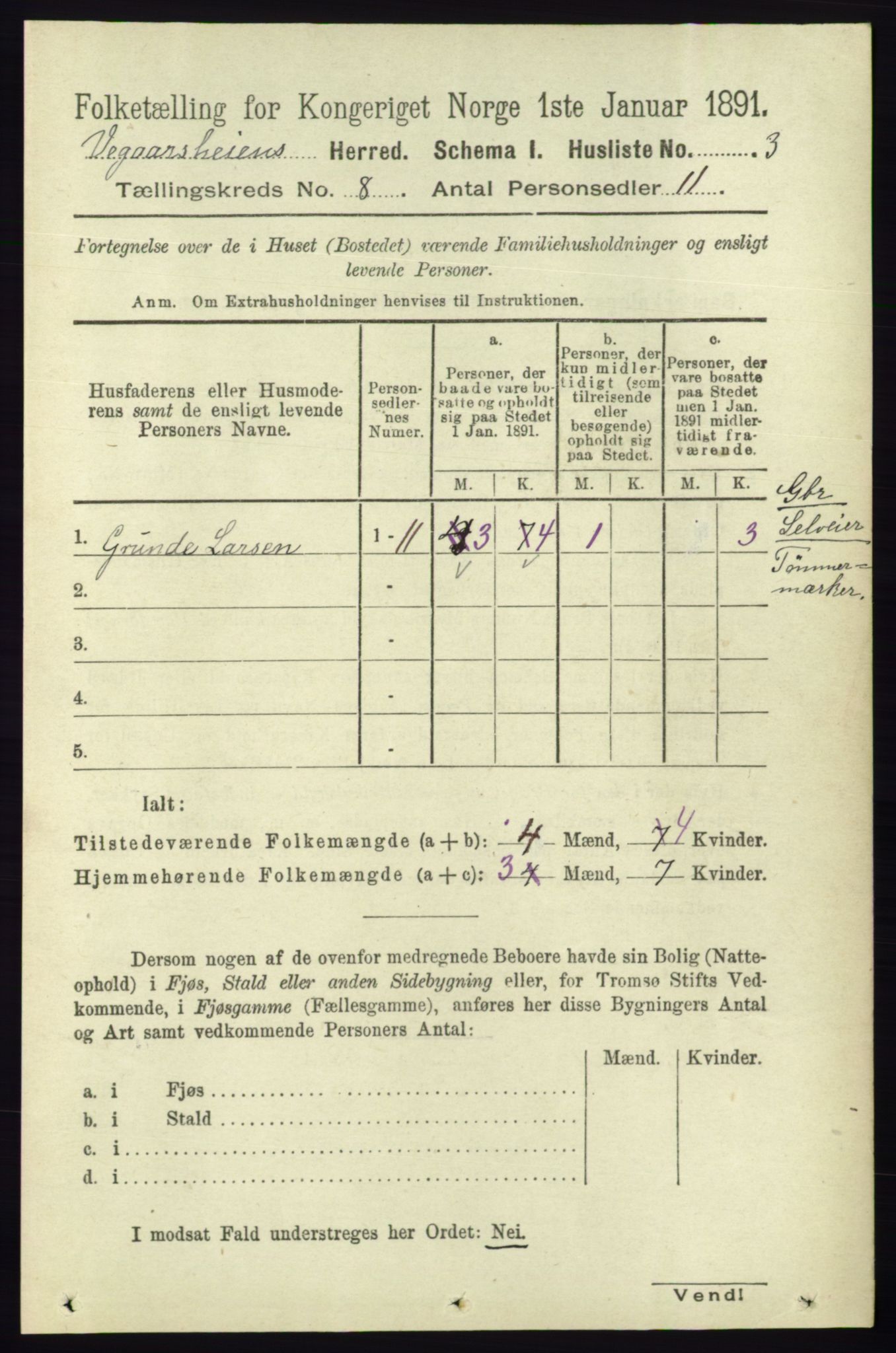 RA, 1891 census for 0912 Vegårshei, 1891, p. 1499