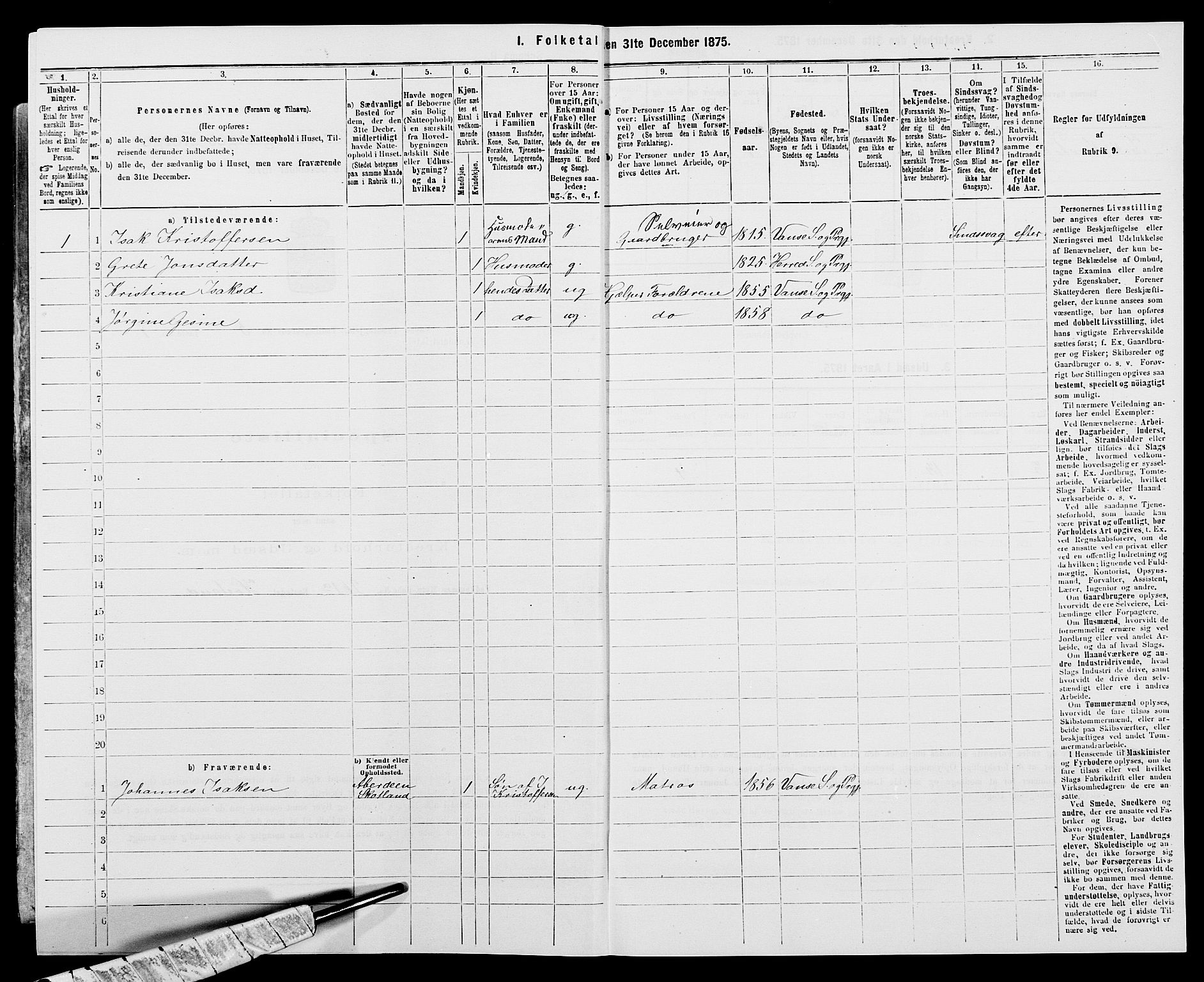 SAK, 1875 census for 1041L Vanse/Vanse og Farsund, 1875, p. 750