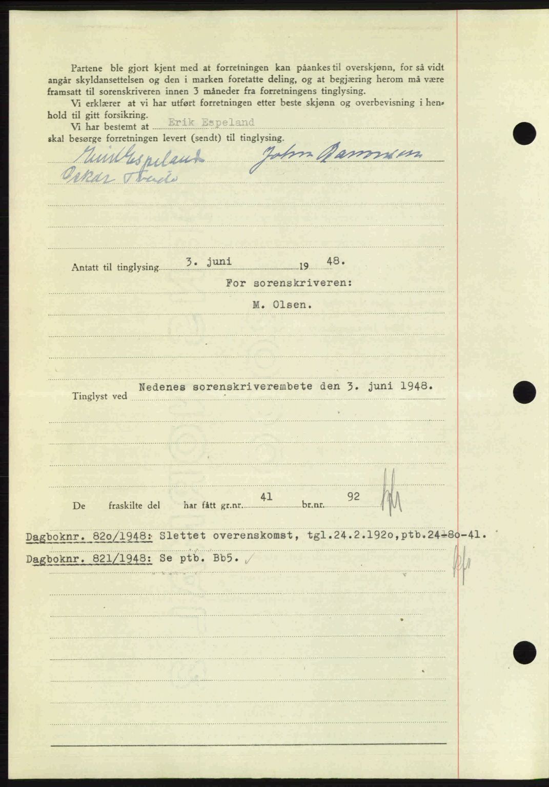 Nedenes sorenskriveri, AV/SAK-1221-0006/G/Gb/Gba/L0059: Mortgage book no. A11, 1948-1948, Diary no: : 819/1948