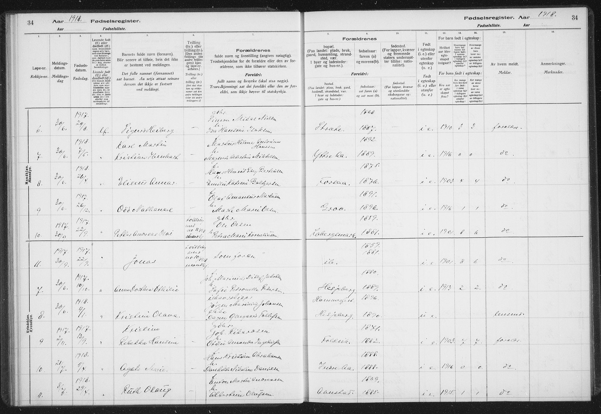 Ibestad sokneprestembete, AV/SATØ-S-0077/I/Ic/L0061: Birth register no. 61, 1917-1929, p. 34