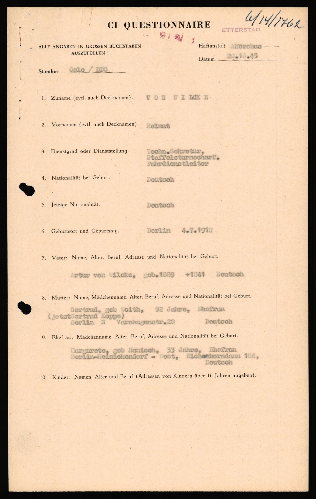 Forsvaret, Forsvarets overkommando II, AV/RA-RAFA-3915/D/Db/L0036: CI Questionaires. Tyske okkupasjonsstyrker i Norge. Tyskere., 1945-1946, p. 13