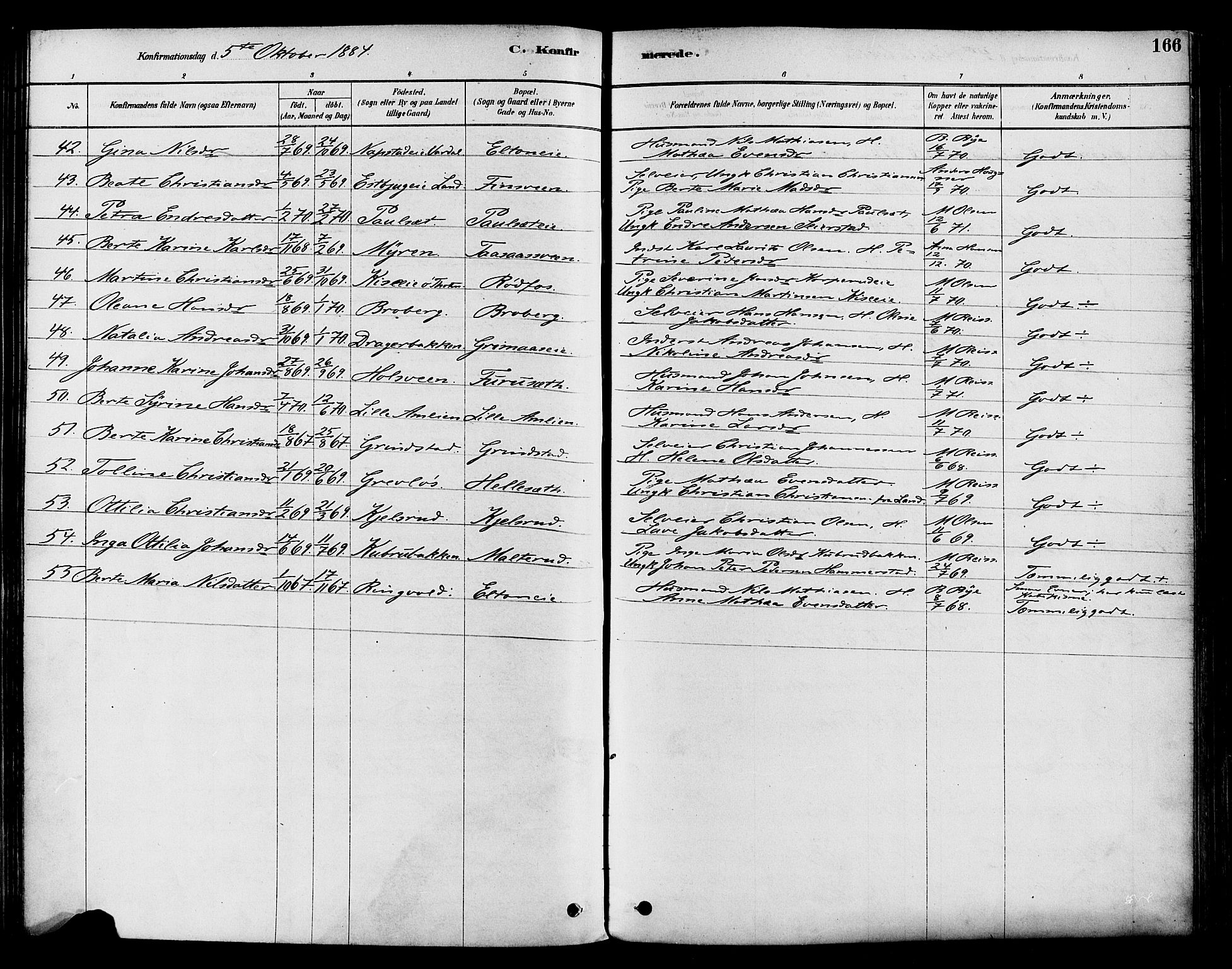 Vestre Toten prestekontor, SAH/PREST-108/H/Ha/Haa/L0009: Parish register (official) no. 9, 1878-1894, p. 166