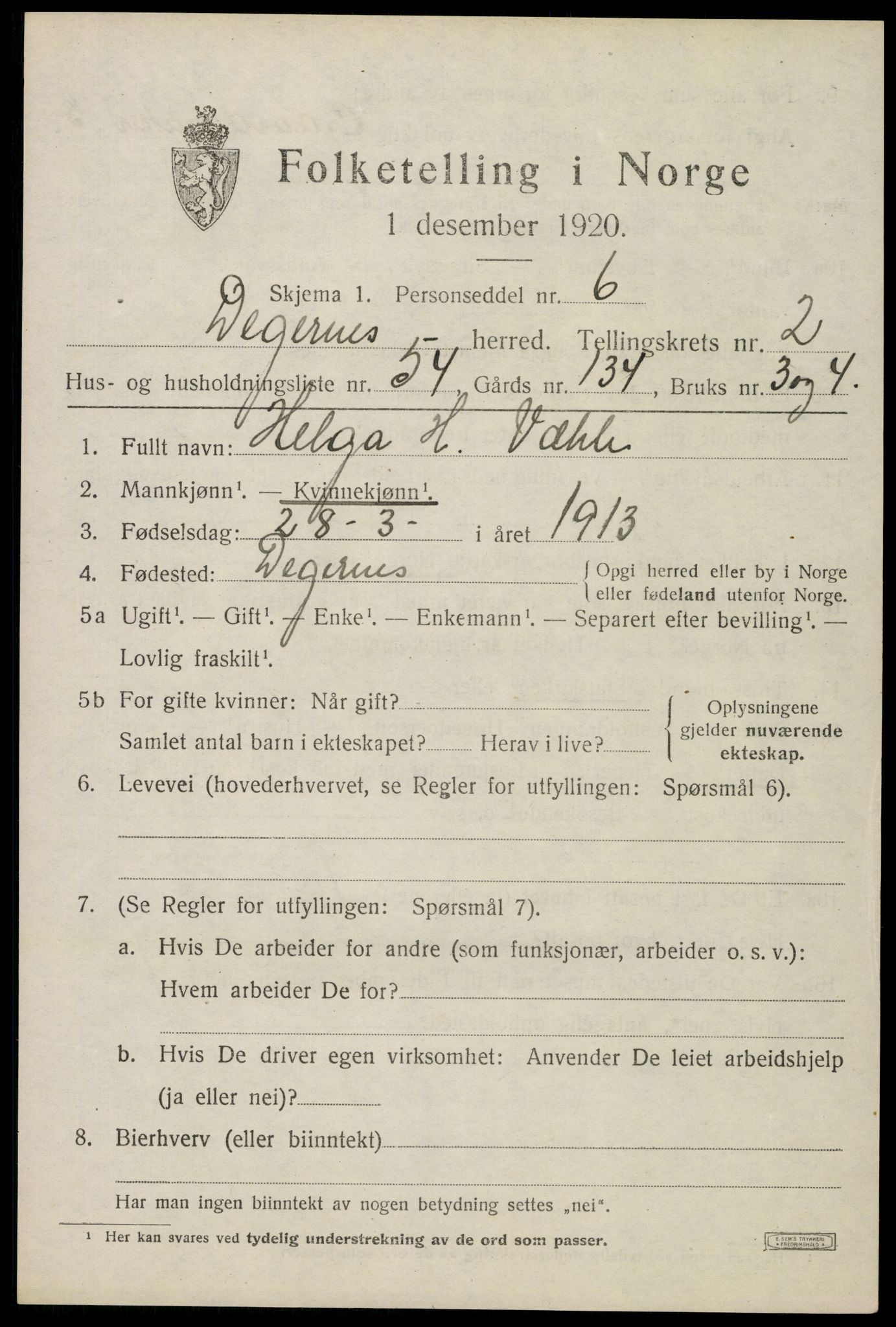 SAO, 1920 census for Degernes, 1920, p. 2088