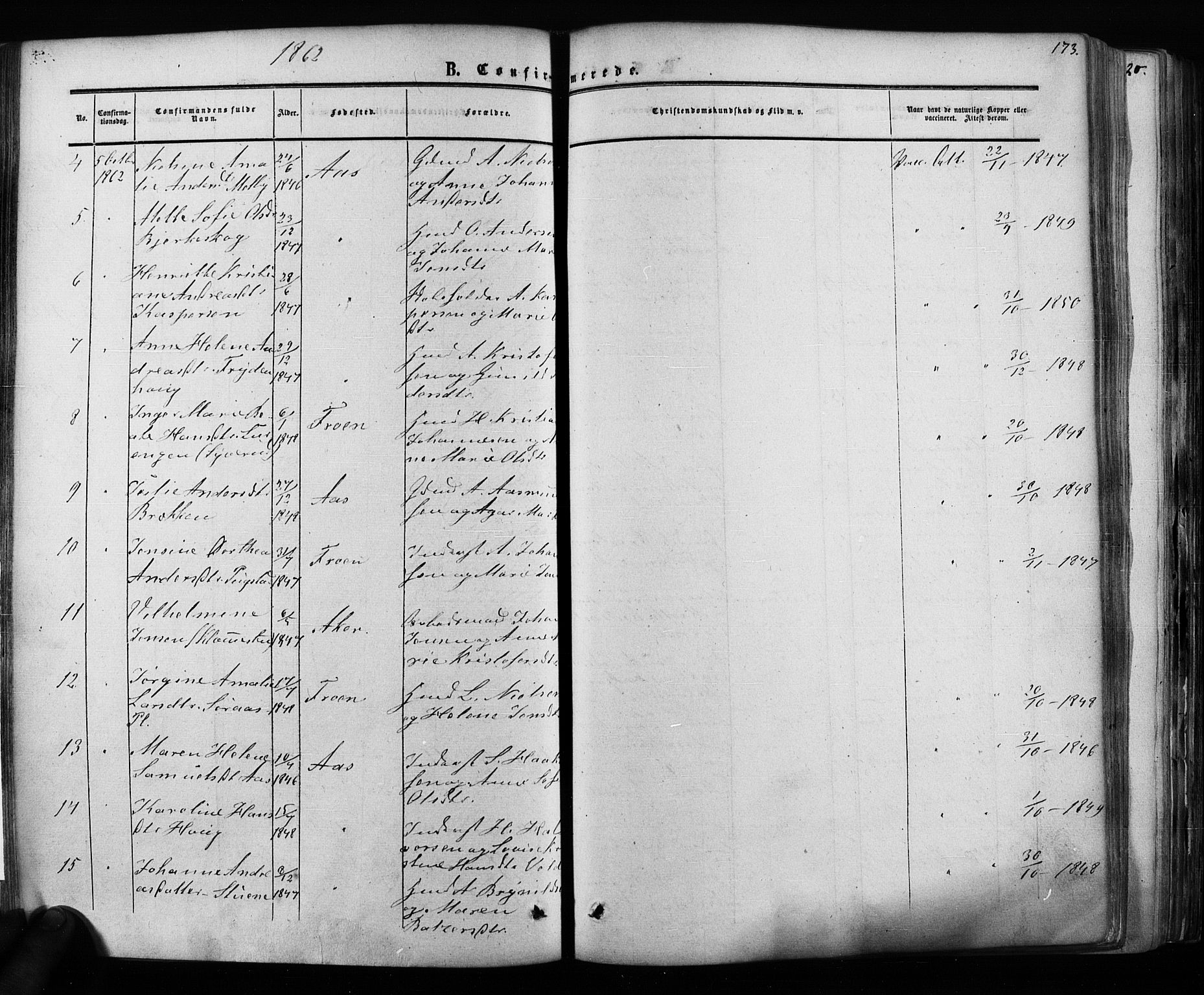 Ås prestekontor Kirkebøker, AV/SAO-A-10894/F/Fa/L0007: Parish register (official) no. I 7, 1854-1870, p. 173