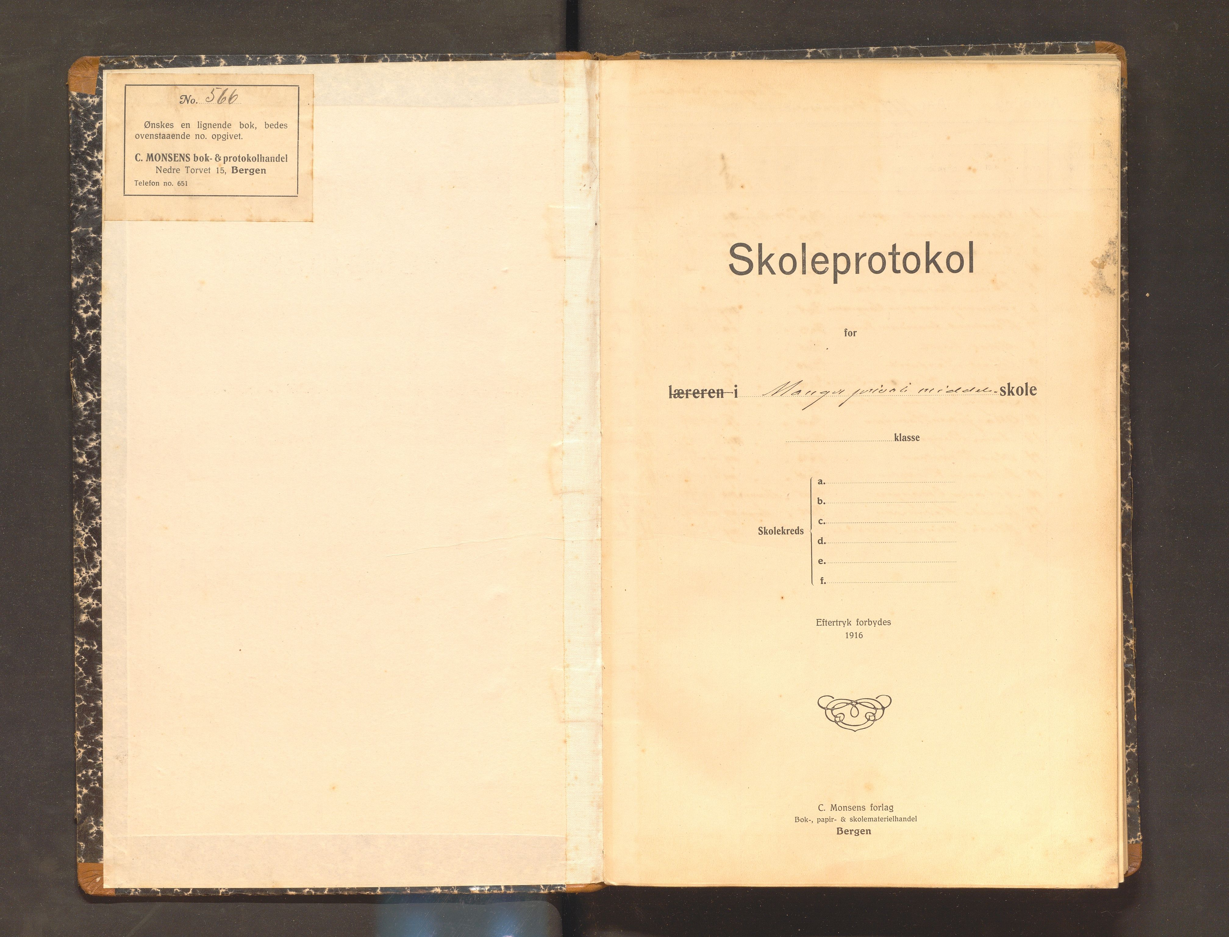 Manger kommune. Manger private middelskule, IKAH/1261-265/F/Fa/L0001: Skuleprotokoll for Manger middelskule , 1919-1923