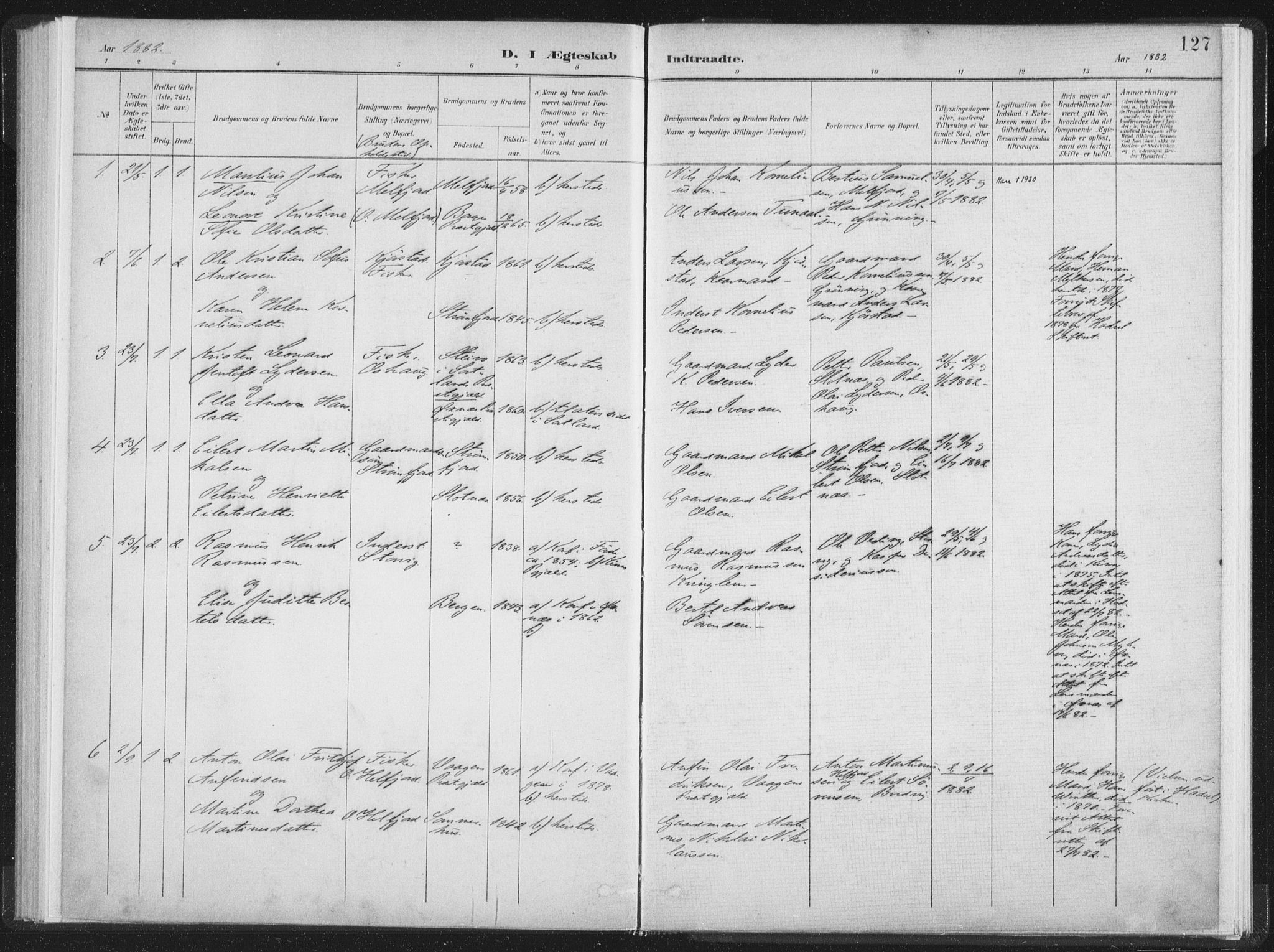 Ministerialprotokoller, klokkerbøker og fødselsregistre - Nordland, AV/SAT-A-1459/890/L1286: Parish register (official) no. 890A01, 1882-1902, p. 127