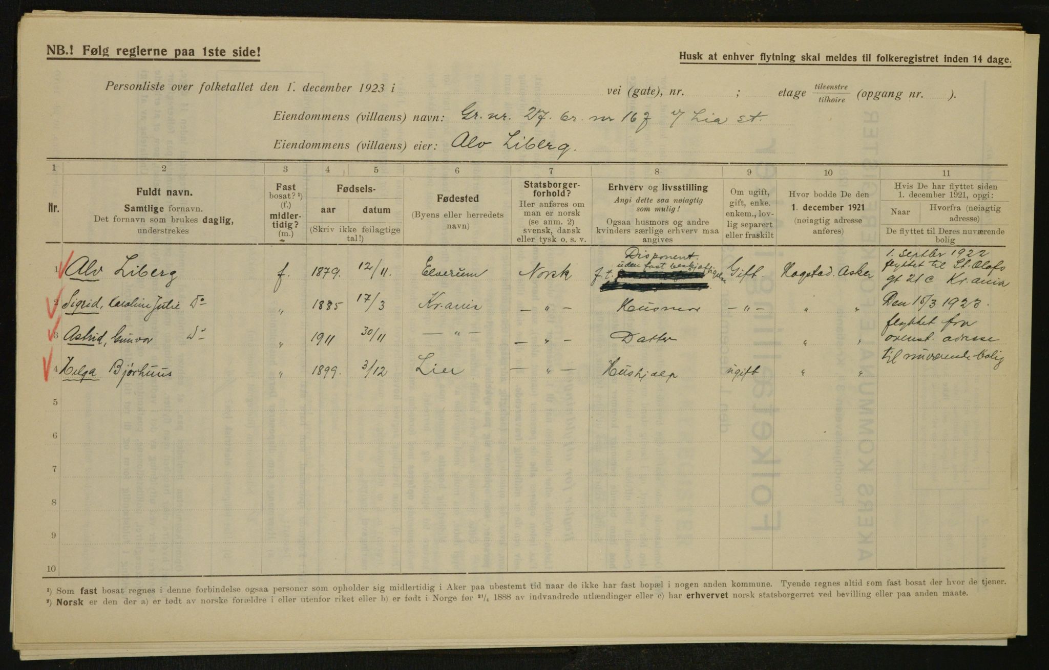 , Municipal Census 1923 for Aker, 1923, p. 3573