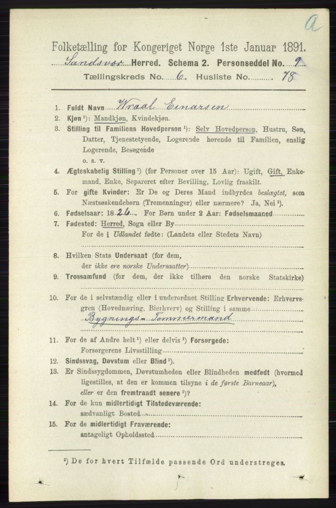 RA, 1891 census for 0629 Sandsvær, 1891, p. 3900