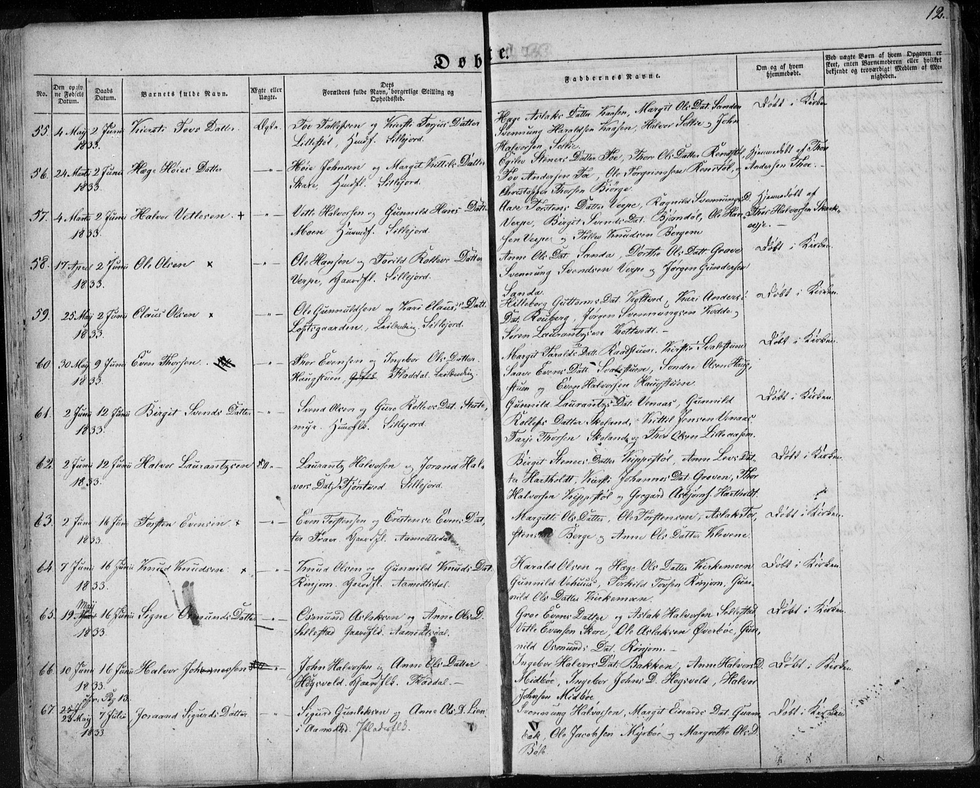 Seljord kirkebøker, AV/SAKO-A-20/F/Fa/L0011: Parish register (official) no. I 11, 1831-1849, p. 12