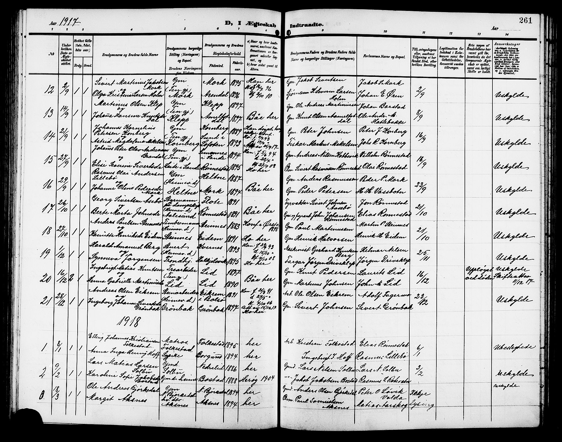 Ministerialprotokoller, klokkerbøker og fødselsregistre - Møre og Romsdal, SAT/A-1454/511/L0159: Parish register (copy) no. 511C05, 1902-1920, p. 261