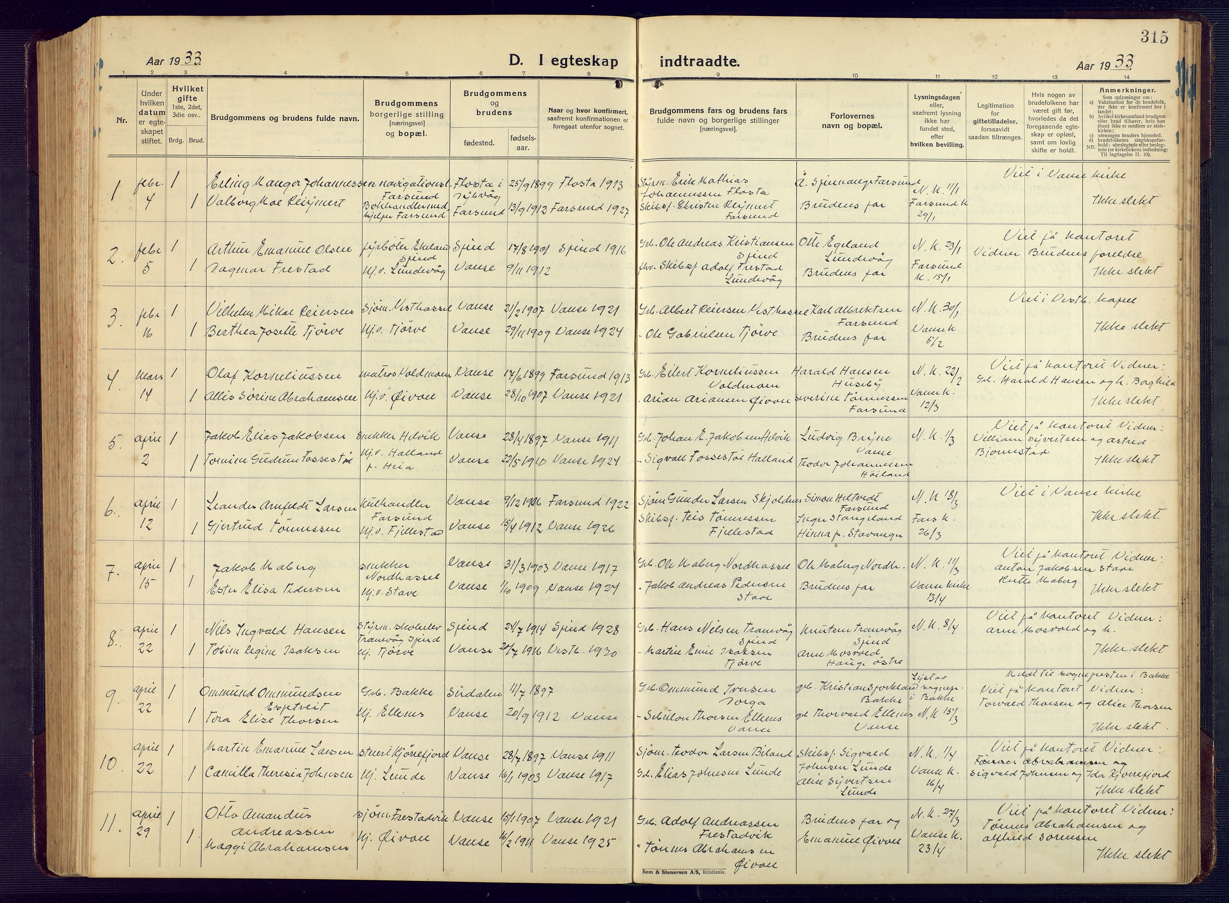 Lista sokneprestkontor, SAK/1111-0027/F/Fb/L0006: Parish register (copy) no. B 6, 1924-1947, p. 315