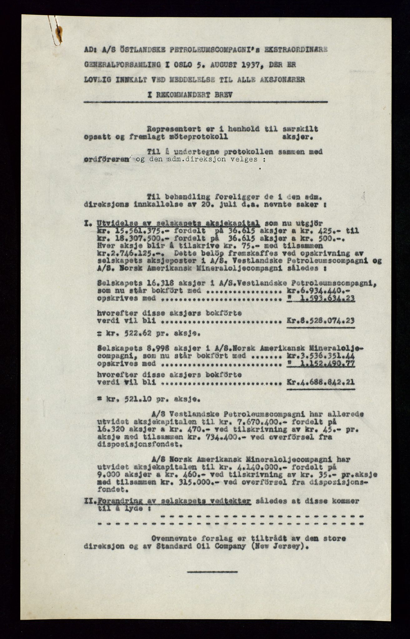 PA 1534 - Østlandske Petroleumscompagni A/S, AV/SAST-A-101954/A/Aa/L0002/0007: Generalforsamlinger. / Ekstraordinær generalforsamling, 1937, p. 4