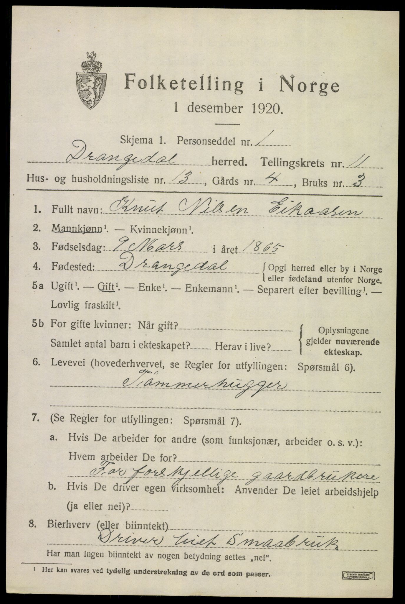 SAKO, 1920 census for Drangedal, 1920, p. 6767