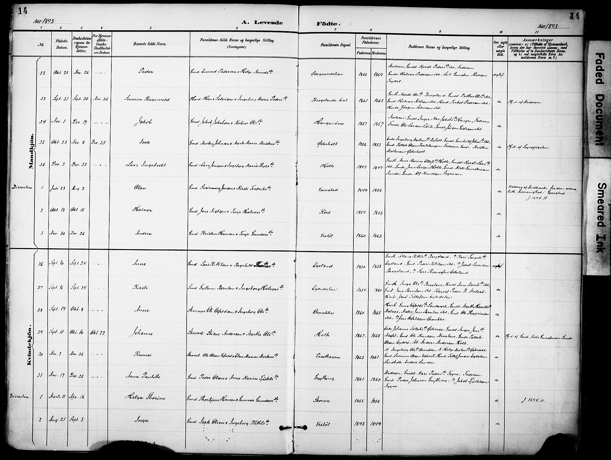 Gjerstad sokneprestkontor, SAK/1111-0014/F/Fa/Faa/L0010: Parish register (official) no. A 10, 1891-1902, p. 14