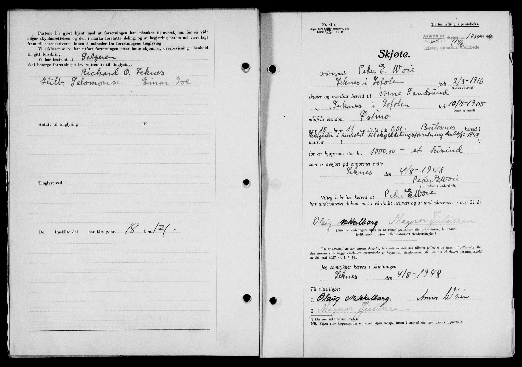 Lofoten sorenskriveri, SAT/A-0017/1/2/2C/L0019a: Mortgage book no. 19a, 1948-1948, Diary no: : 1784/1948