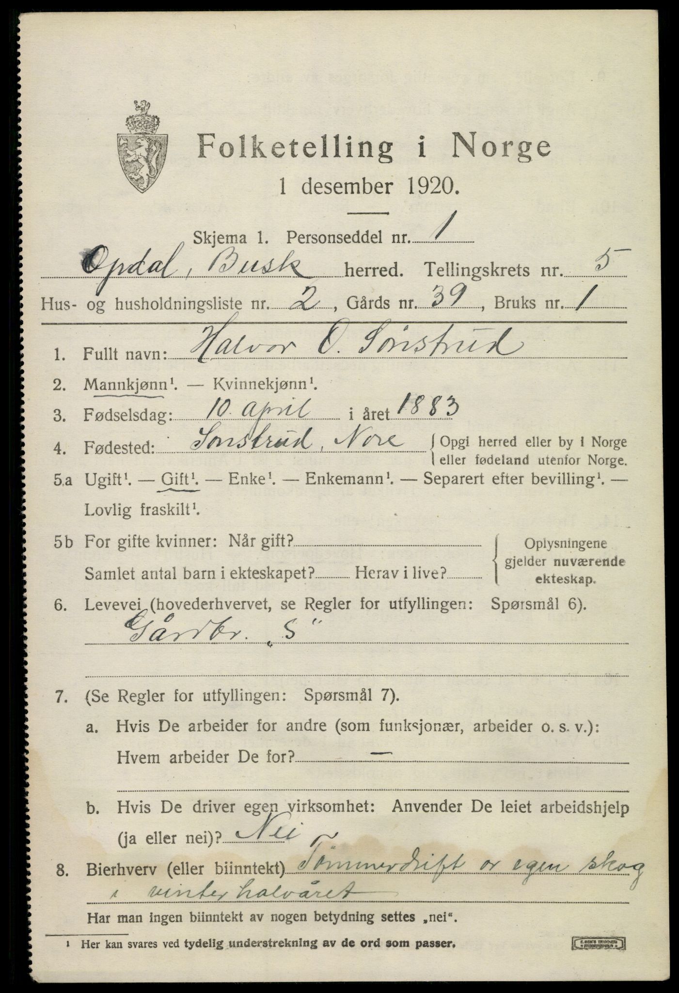 SAKO, 1920 census for Uvdal, 1920, p. 2319