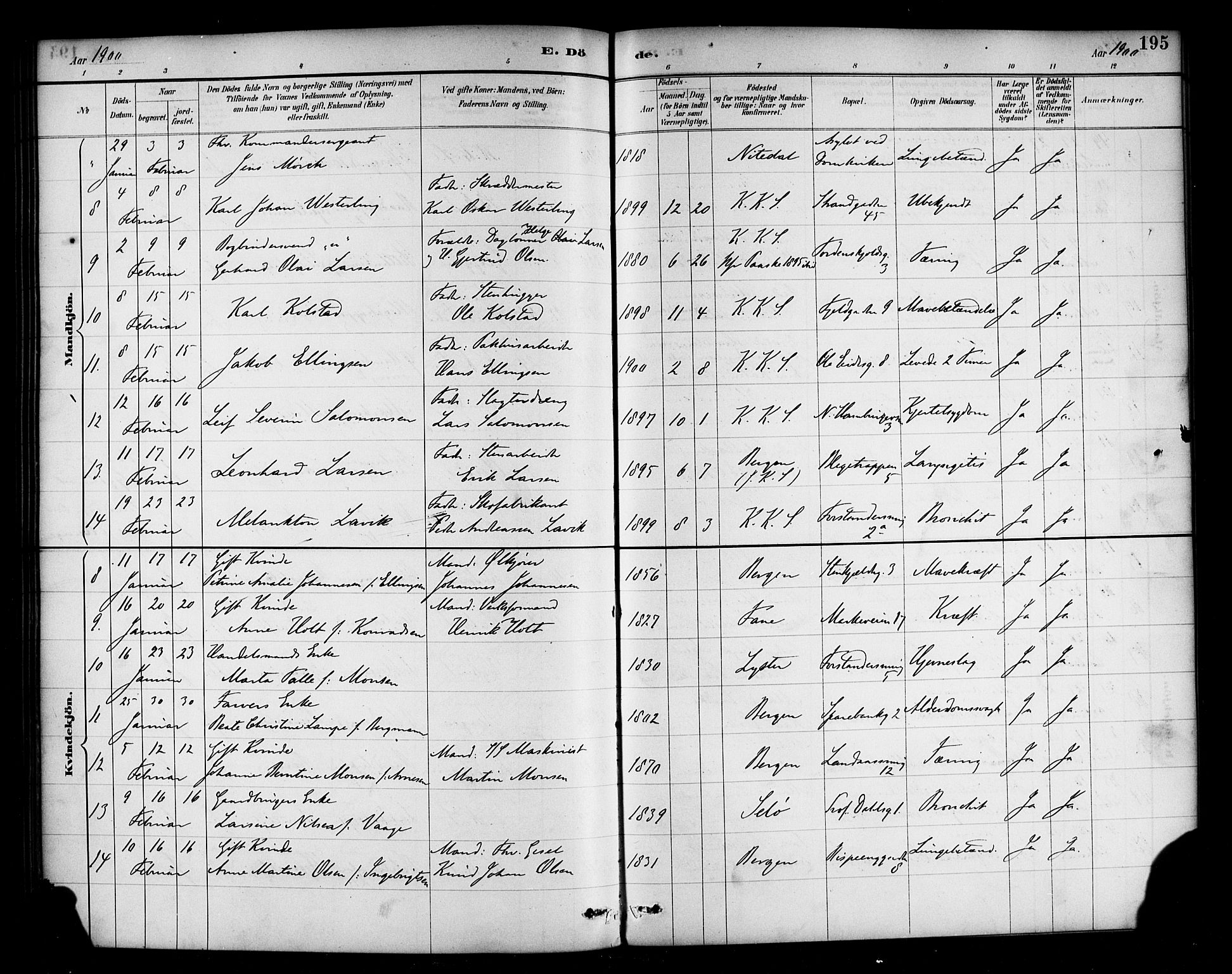 Korskirken sokneprestembete, AV/SAB-A-76101/H/Haa/L0047: Parish register (official) no. E 5, 1884-1910, p. 195