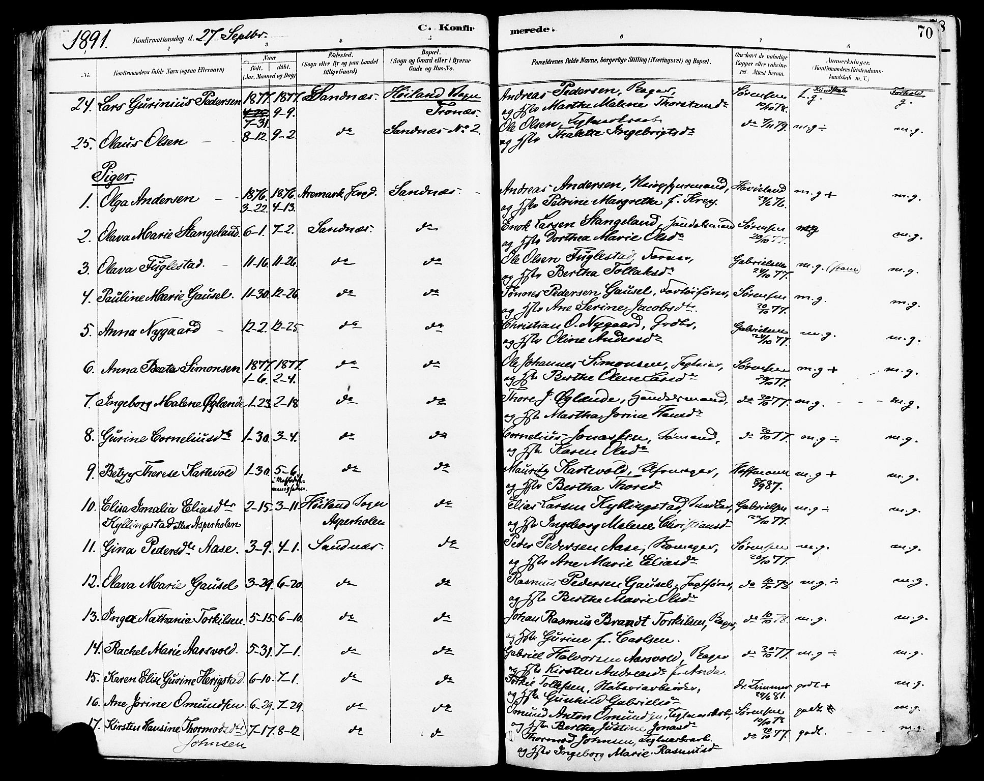 Høyland sokneprestkontor, SAST/A-101799/001/30BA/L0014: Parish register (official) no. A 12, 1890-1898, p. 70