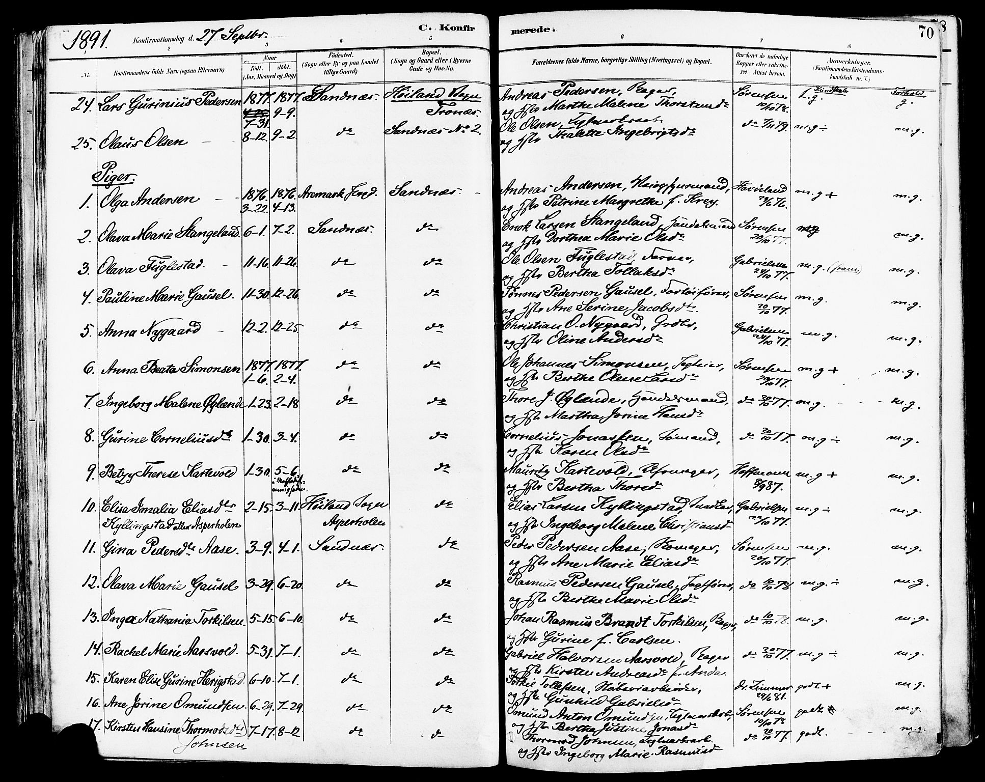 Høyland sokneprestkontor, AV/SAST-A-101799/001/30BA/L0014: Parish register (official) no. A 12, 1890-1898, p. 70