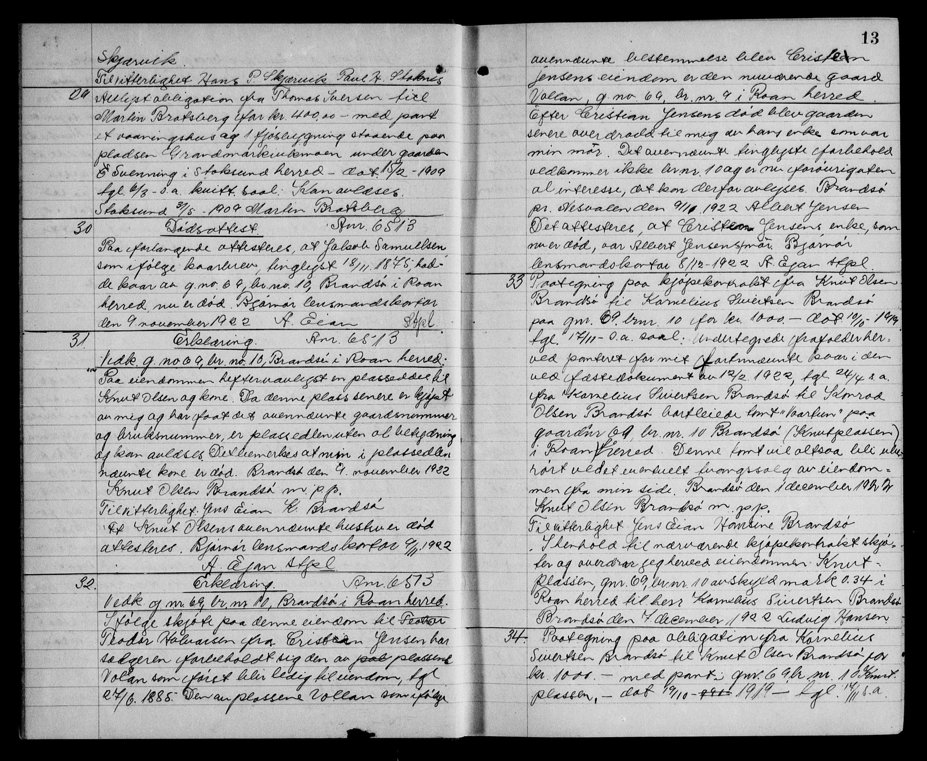 Fosen sorenskriveri, AV/SAT-A-1107/1/2/2C/L0059: Mortgage book no. 50, 1923-1923, p. 13
