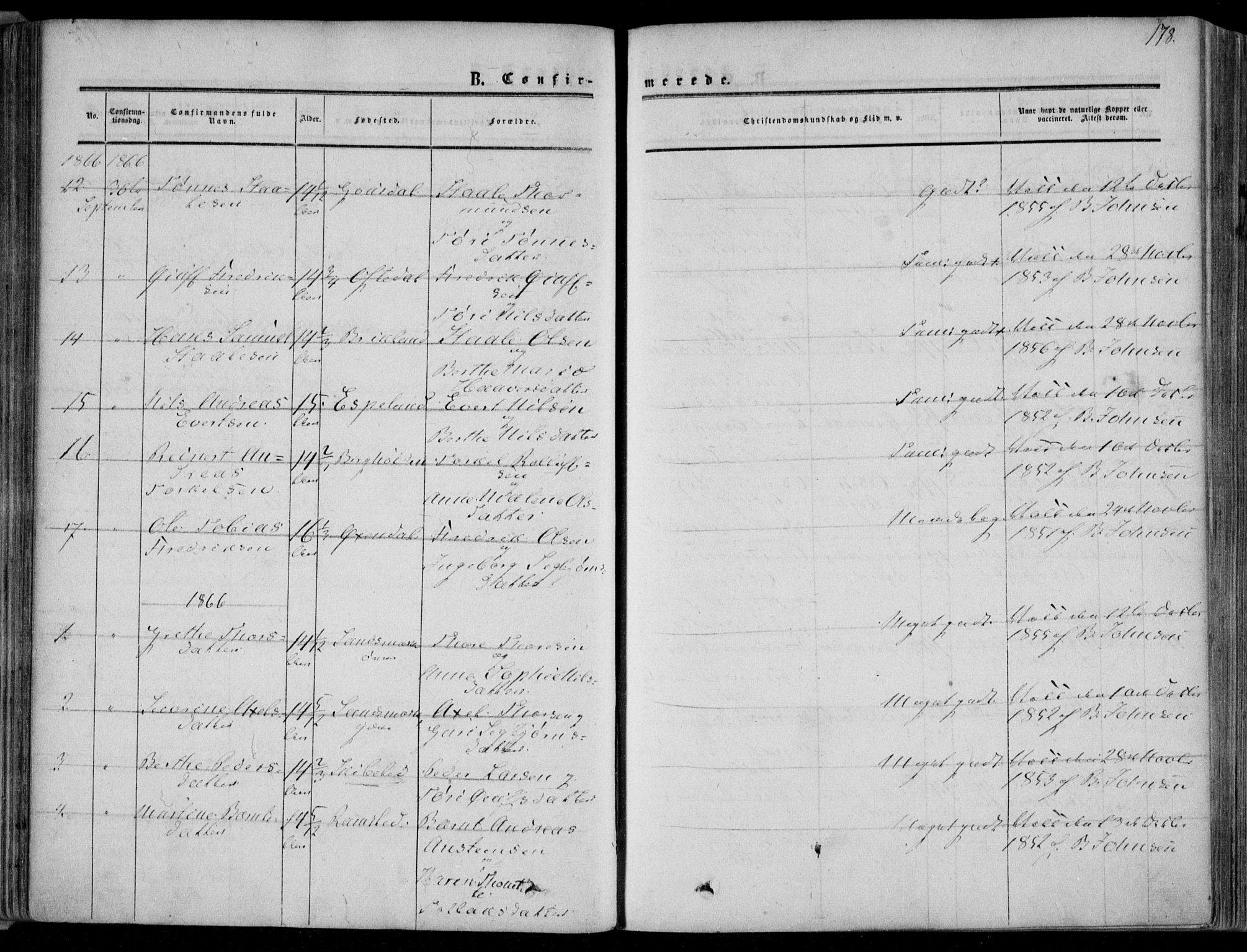 Bakke sokneprestkontor, SAK/1111-0002/F/Fa/Faa/L0006: Parish register (official) no. A 6, 1855-1877, p. 178