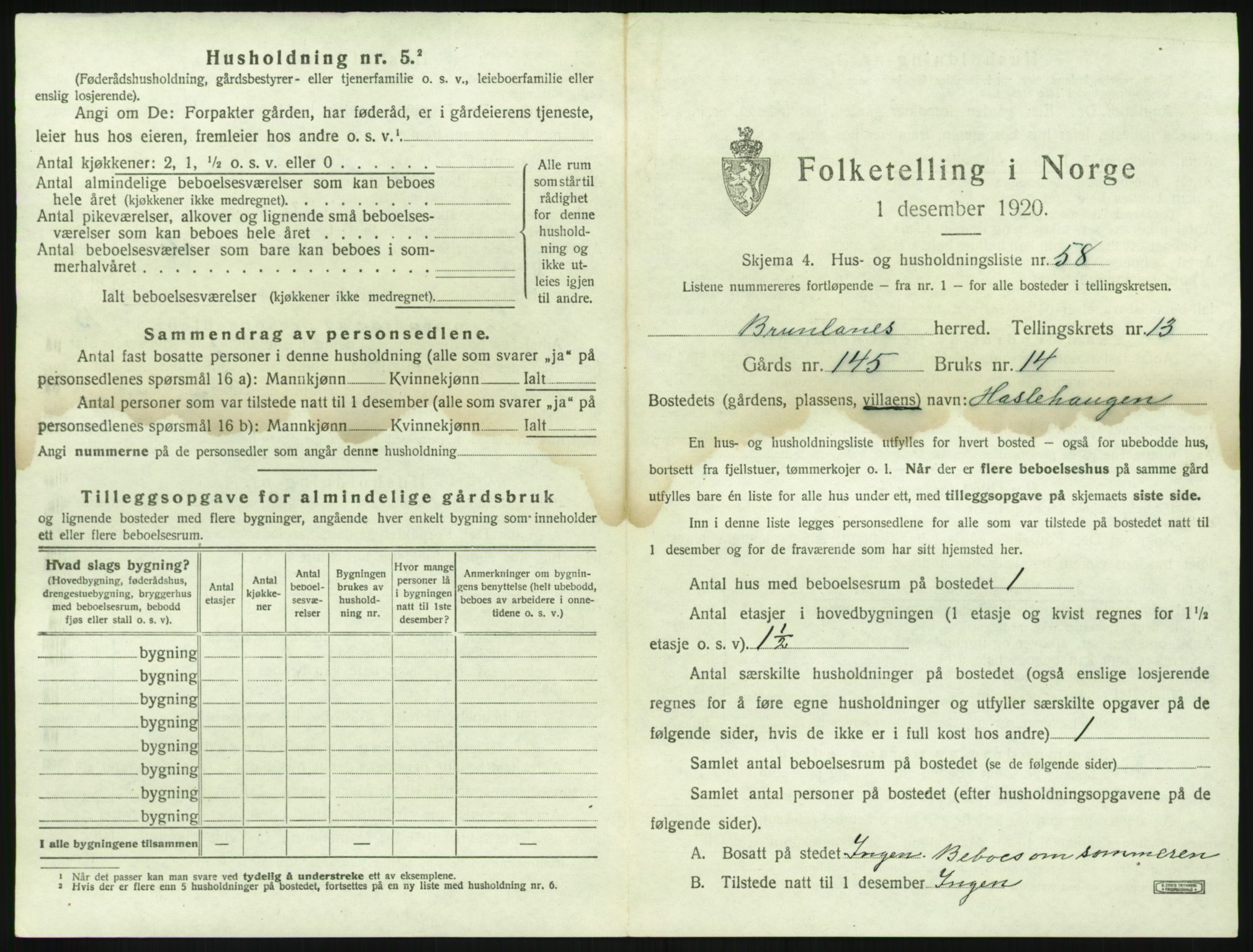 SAKO, 1920 census for Brunlanes, 1920, p. 1865