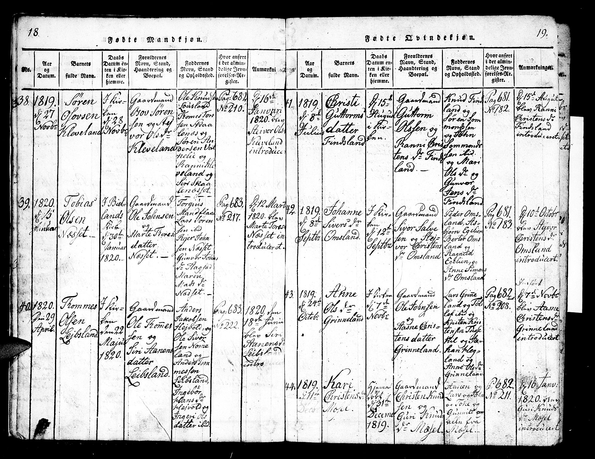 Bjelland sokneprestkontor, SAK/1111-0005/F/Fb/Fbb/L0003: Parish register (copy) no. B 3, 1816-1868, p. 18-19