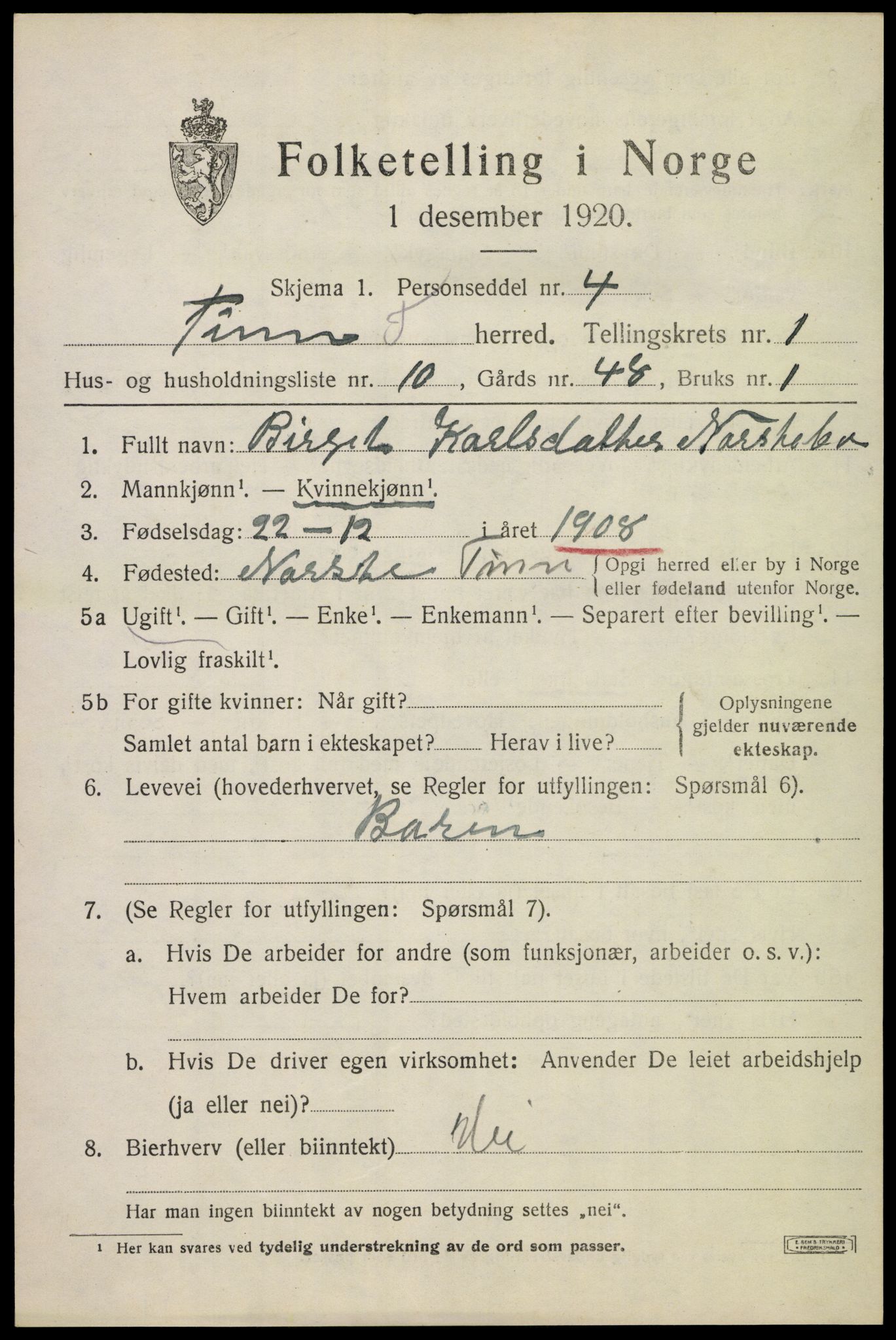 SAKO, 1920 census for Tinn, 1920, p. 2802